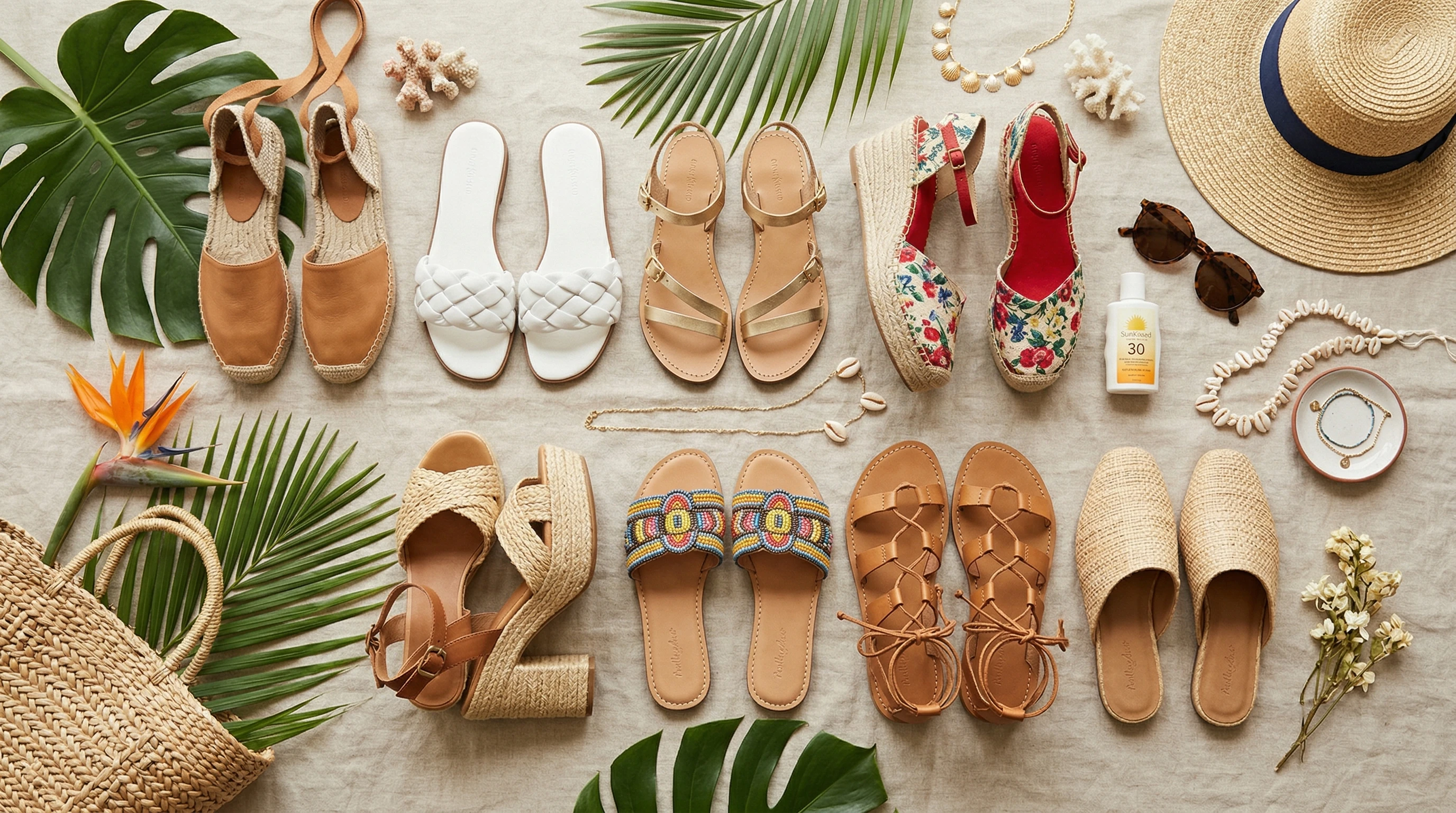 Summer Footwear Flatlay Featuring Sandals, Slides, and Espadrilles