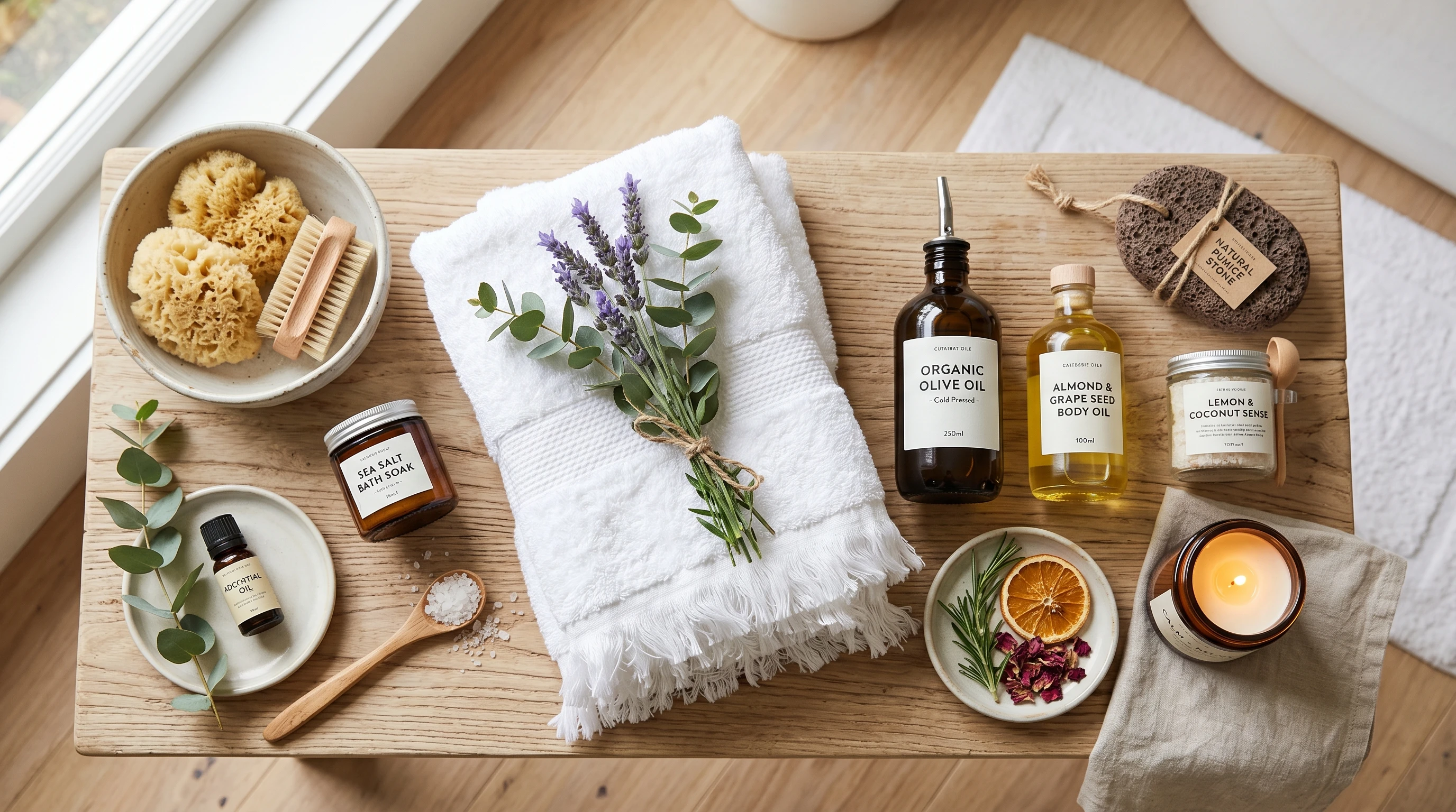 Glossy feet close-up with oil and flower petals