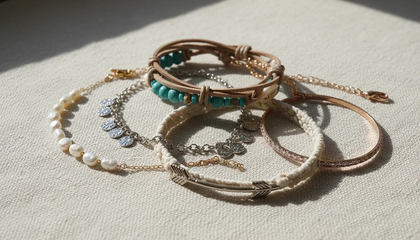 Assorted stylish anklets on a soft background
