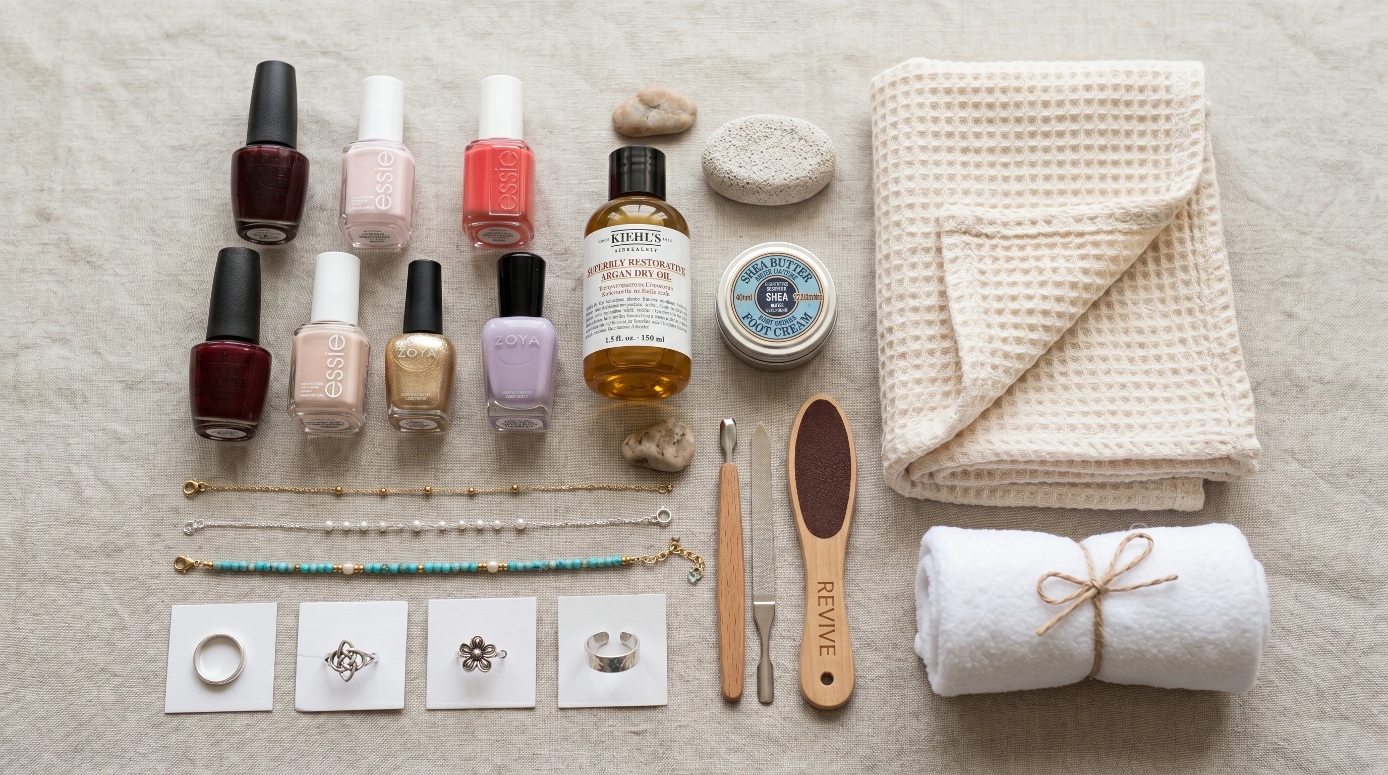 close-up decorative image of various props and accessories laid out neatly, with soft lighting