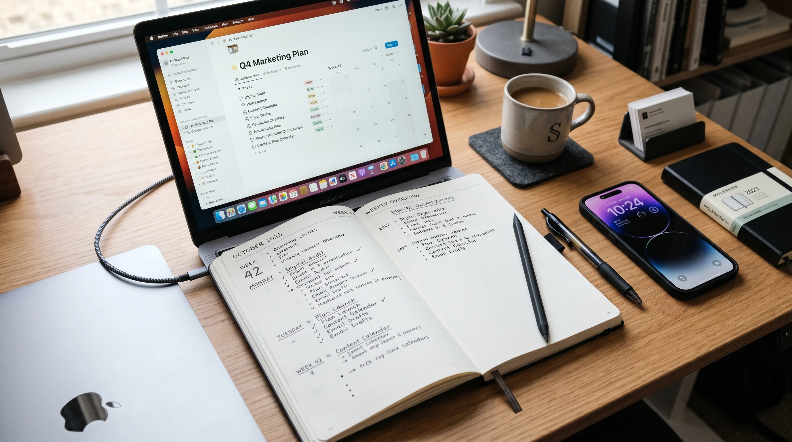 Close-up of phone and planner on clean desk representing organization