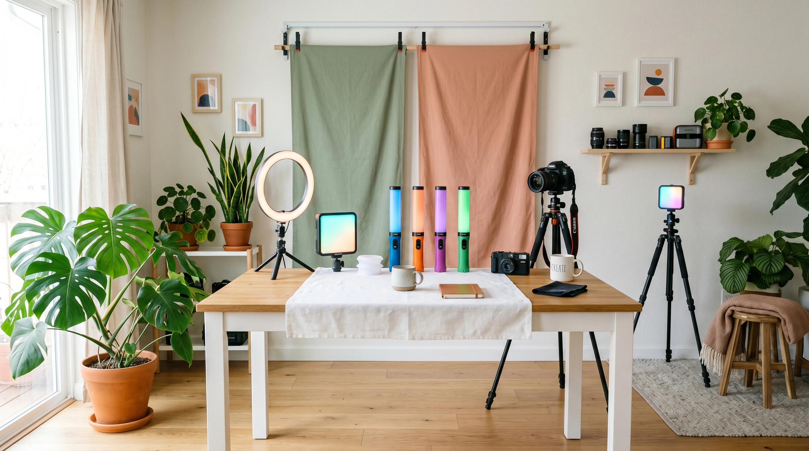 Flat lay of props used in foot photography, including nail polishes, autumn leaves, and clean towels arranged artistically on a wooden table.