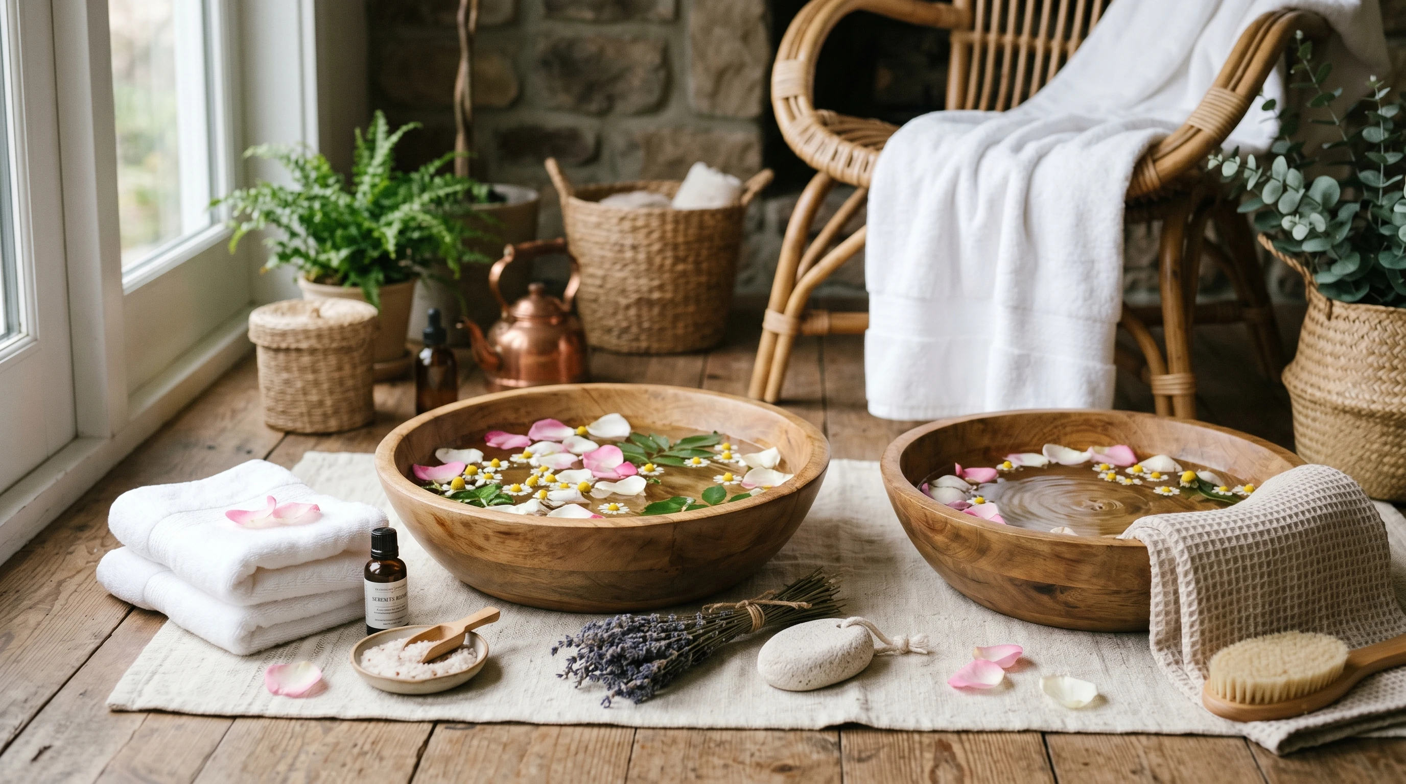 Soft-lit scene featuring foot soaking bowls, flower petals, and spa accessories arranged neatly