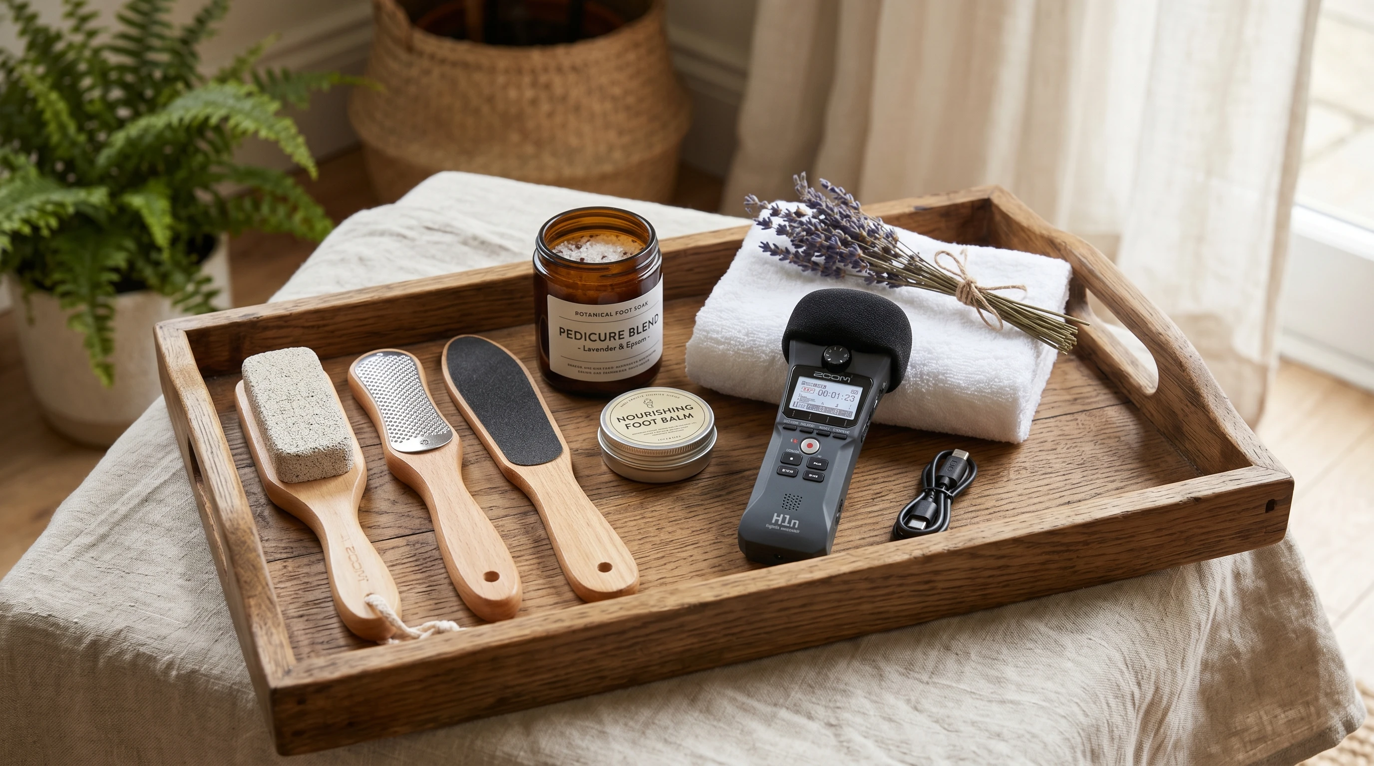 Foot care props arranged neatly with a small audio recorder and soft lighting