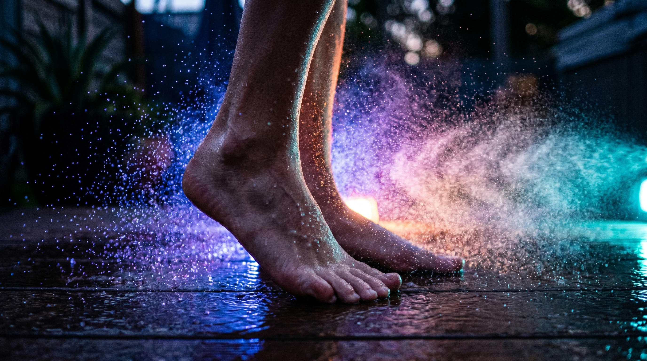 Glassy mist over feet and droplets illuminated with soft, colorful lighting in an ASMR video