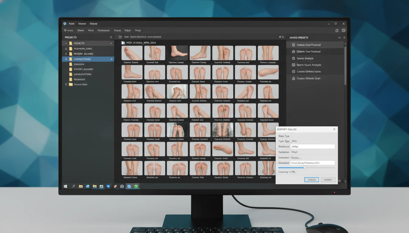 Multiple foot images on a computer screen, with editing tools and color sliders visible, suggesting a workflow.