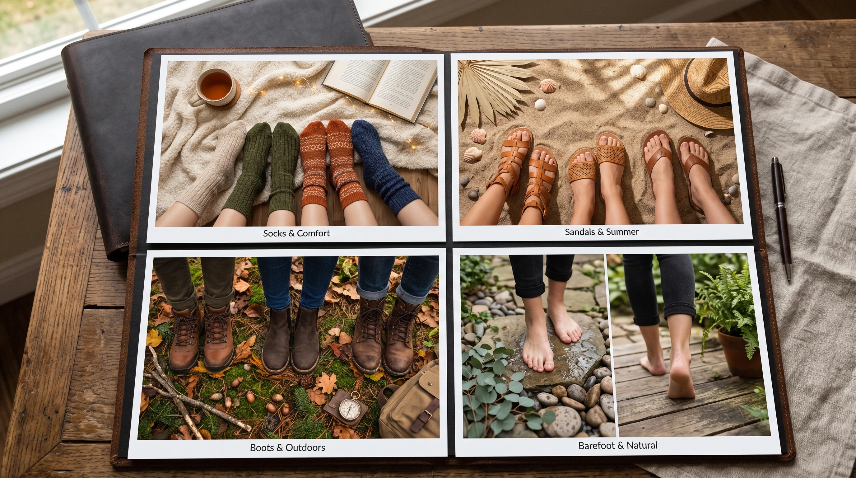 Organized portfolio layout showing various foot photo categories neatly sorted and color-coordinated.