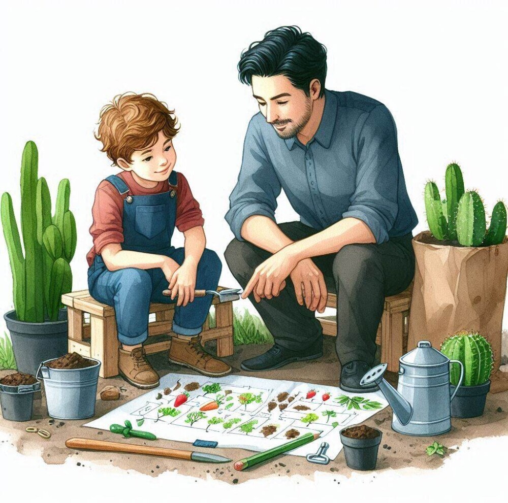 a son and father planning and starting a garden together