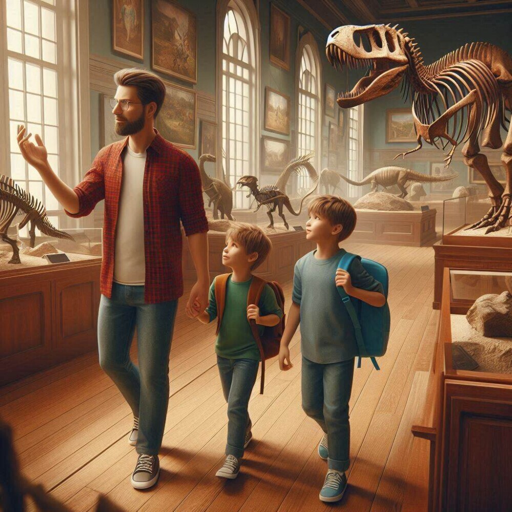 picture of a father taking his homeschooled children on a field trip to a museum to look at dinosaur bones