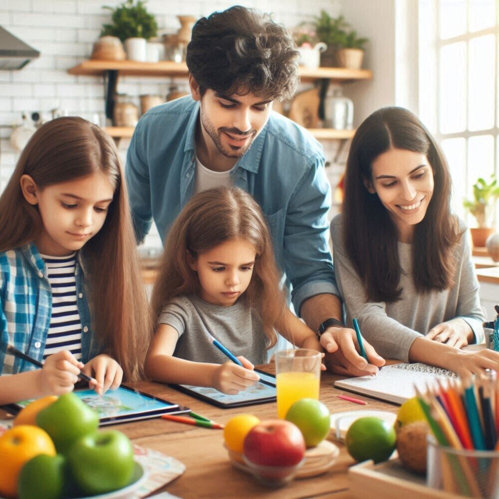 a family practicing a balanced eclectic homeschooling lesson in their kitchen where the three kids are doing something different