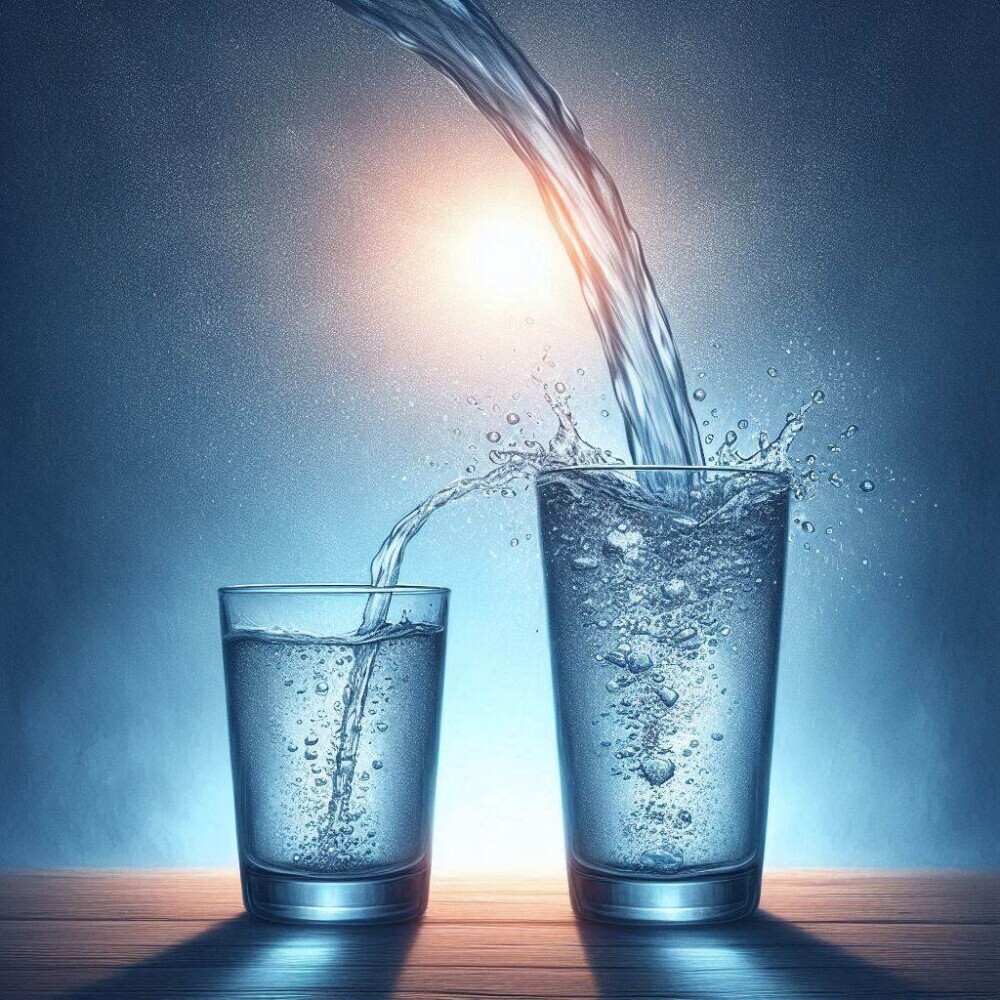 picture two glasses, one bigger than the other. The bigger of the two glasses is full of water. There is a stream of water coming from above that is pouring into the bigger glass and causing it to overflow into the smaller glass
