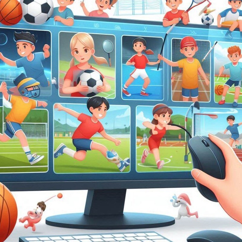 a computer screen that is displaying different sports being played by kids