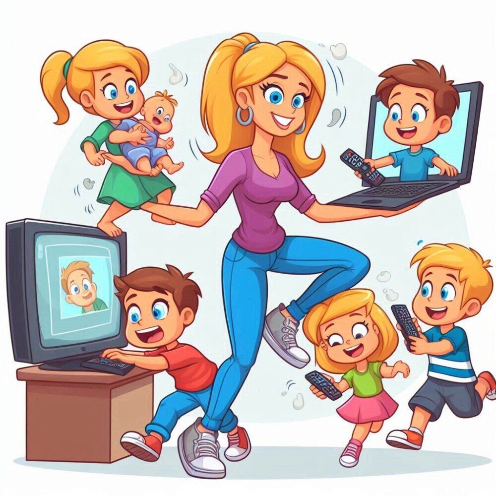 mom physically balancing her family in one hand and tv/computer in the other