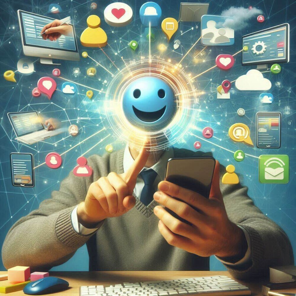 a picture of a person who is interacting with a social community via the computer and phone