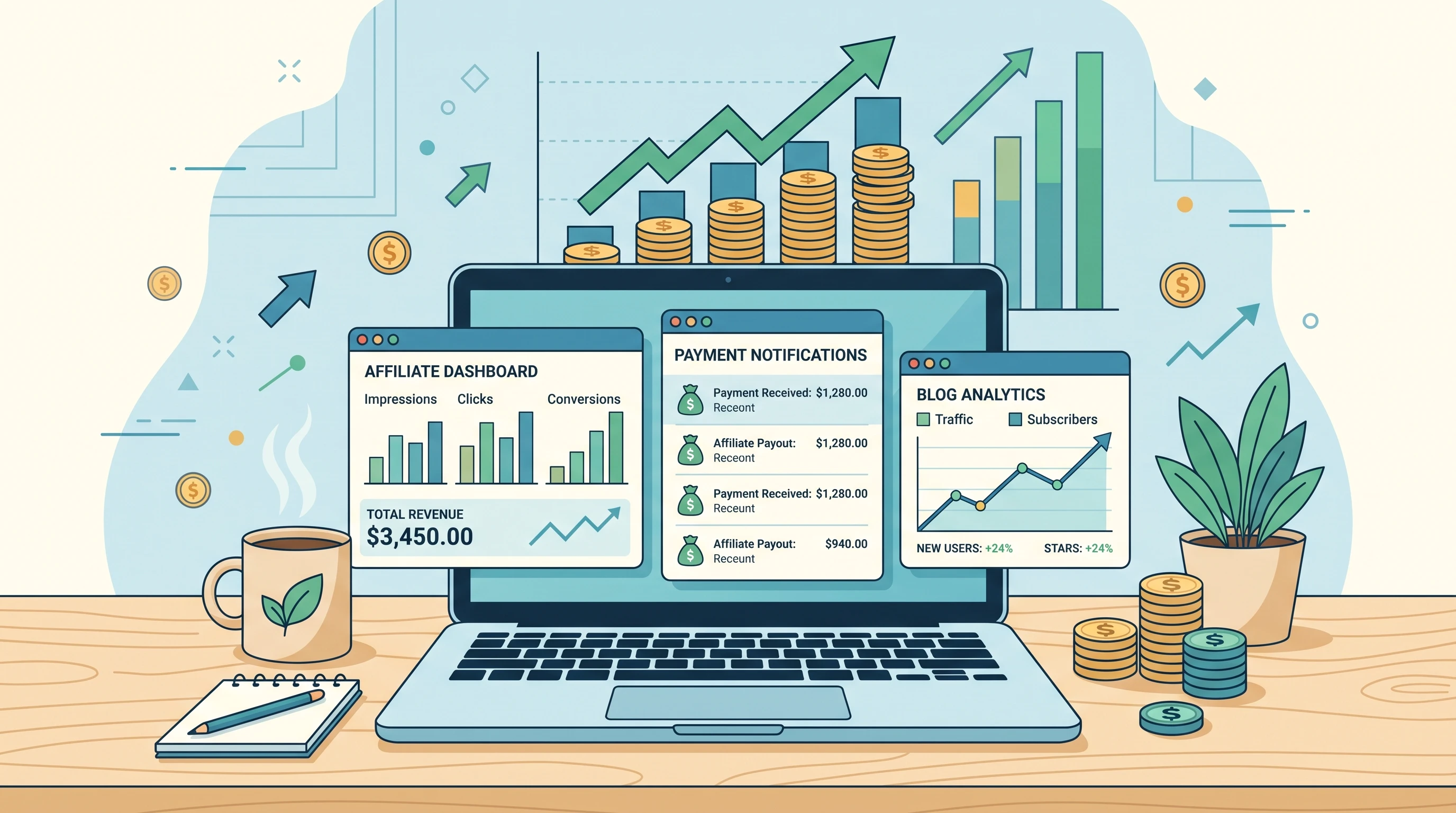 Illustration of affiliate marketing workflow and passive income symbols