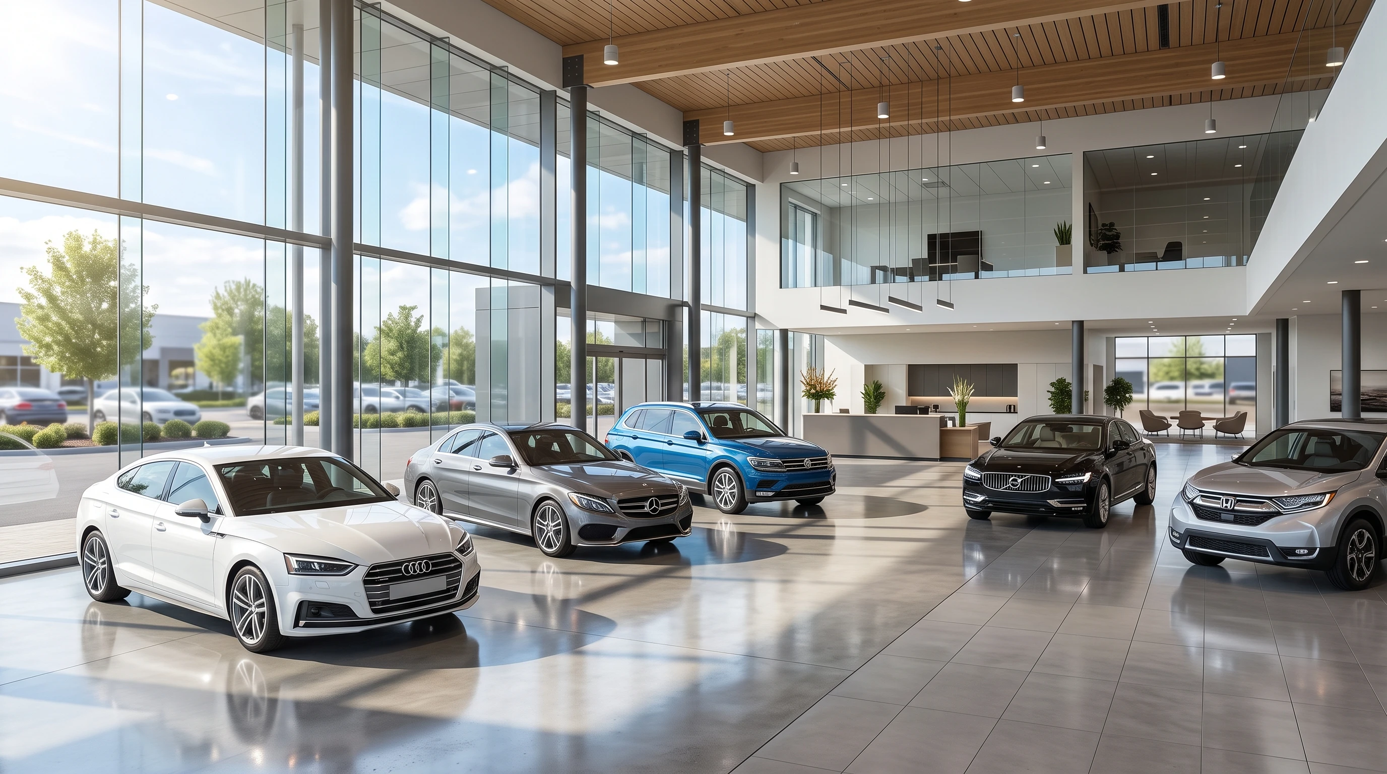 car dealership interior with rows of cars, no humans