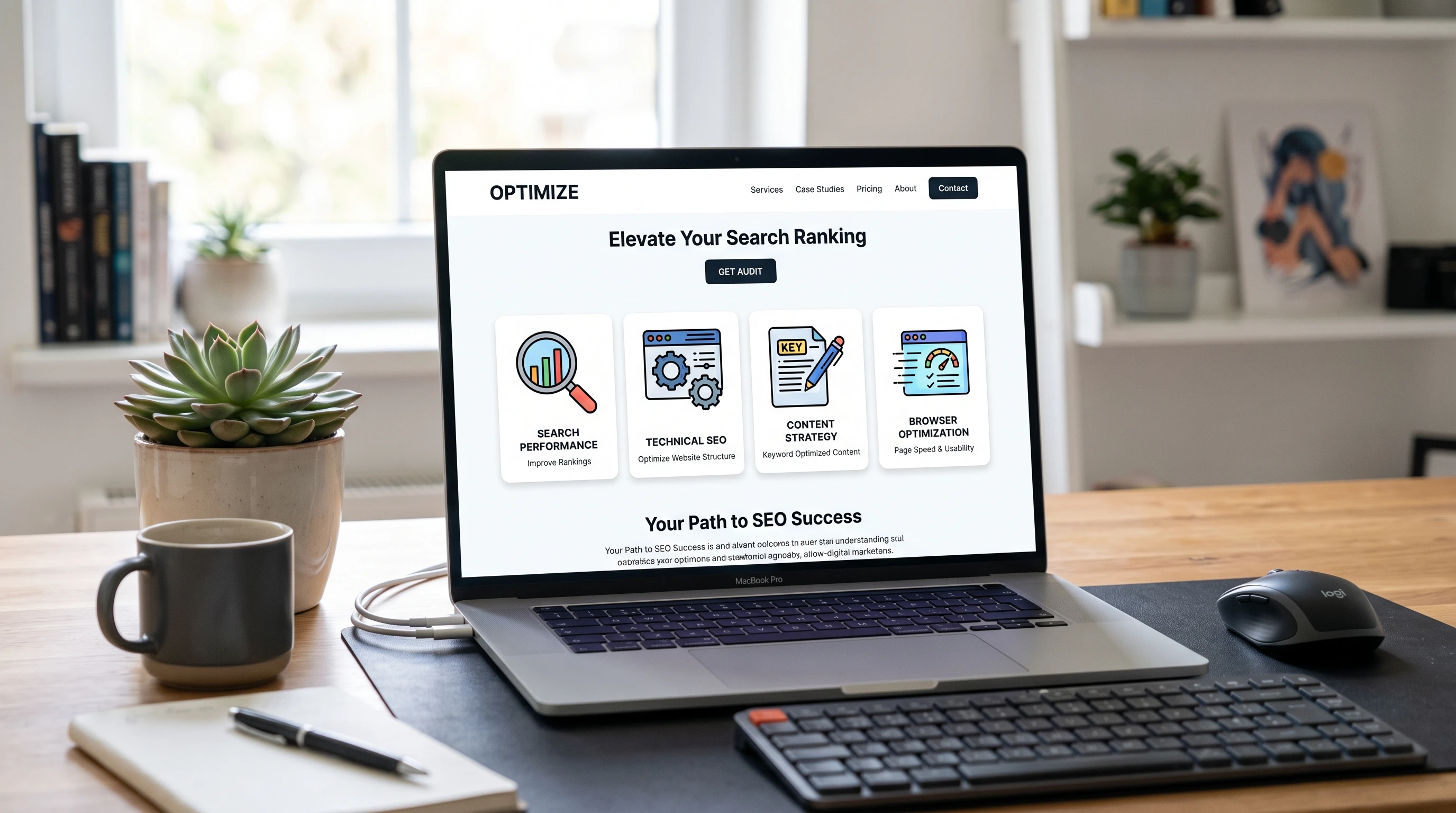 A new website homepage displayed on a modern computer screen in a clean workspace, featuring minimalist design with prominent SEO-related icons like search magnifying glass, gears, and browser windows.