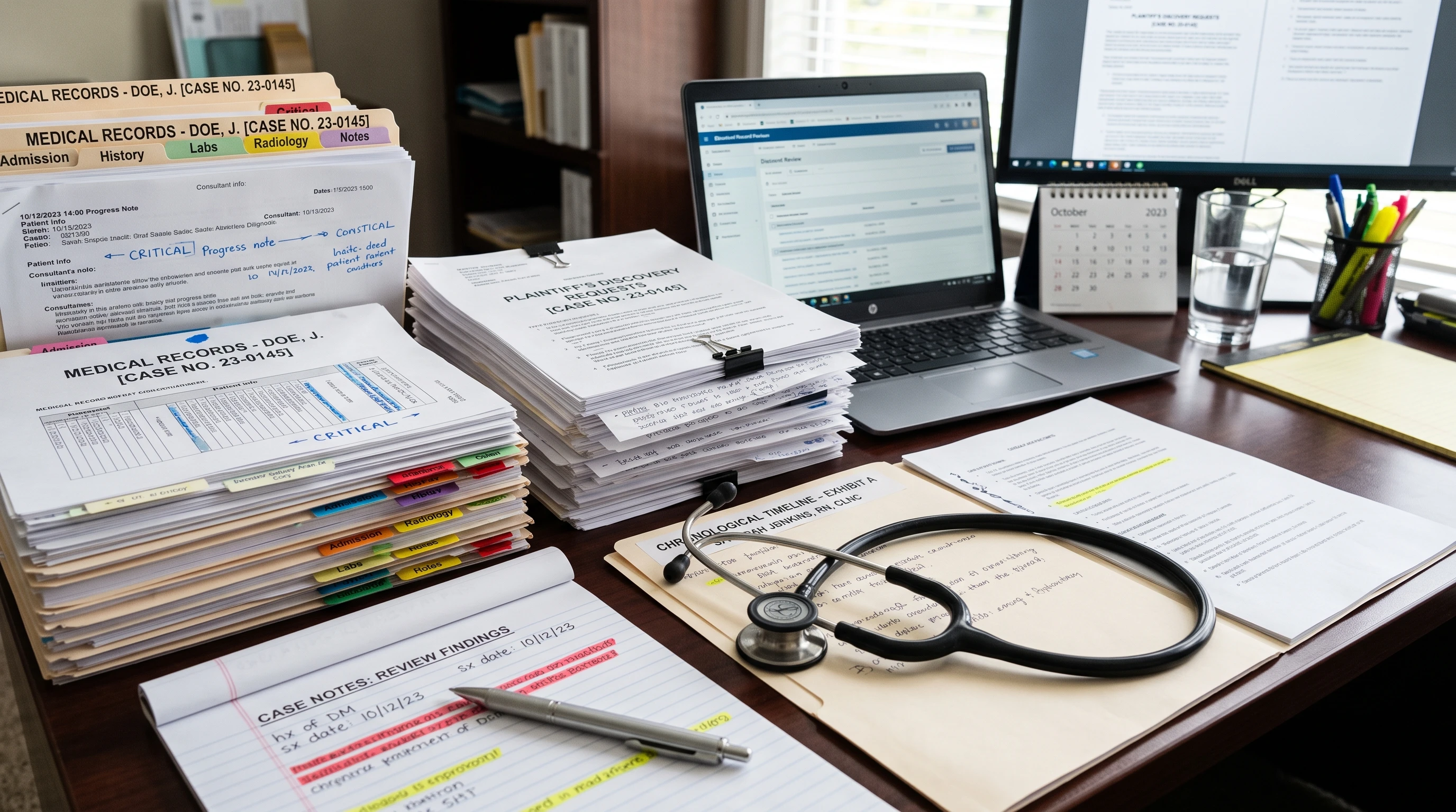 Stacks of medical records and legal documents with stethoscope during legal discovery