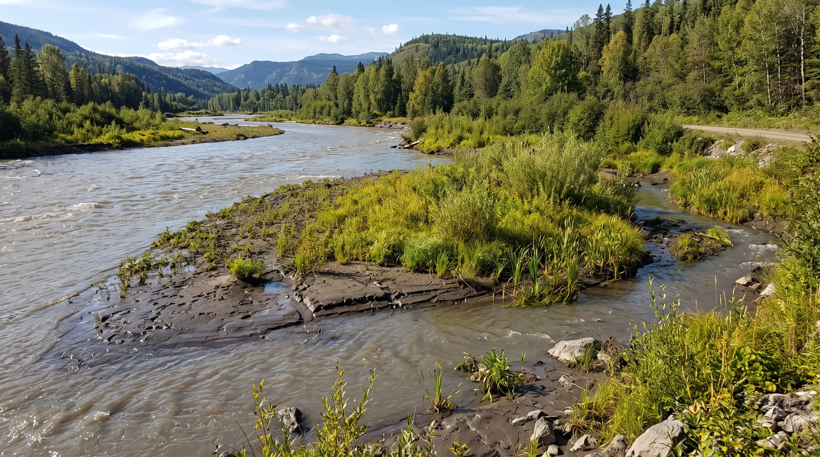 A river depositing sediment along its banks and forming new land