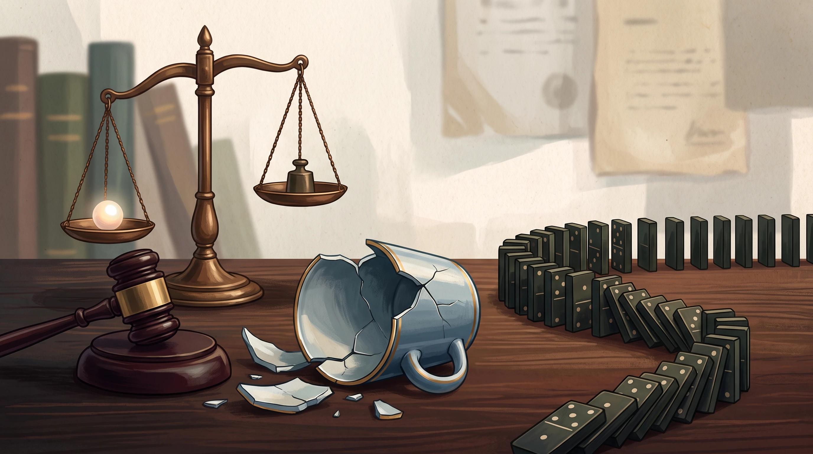 Scales of justice, a judge's gavel, a broken ceramic mug on a desk, and interlocking dominoes in a row representing cause and effect.