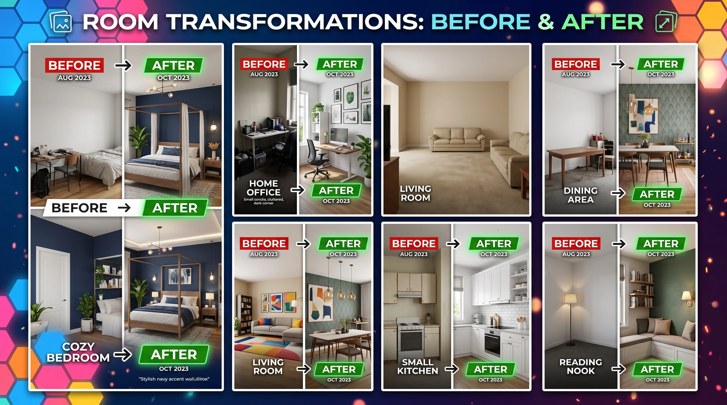 A dynamic collage of before and after digital room designs, cleanly arranged in vertical video style on a colorful studio background