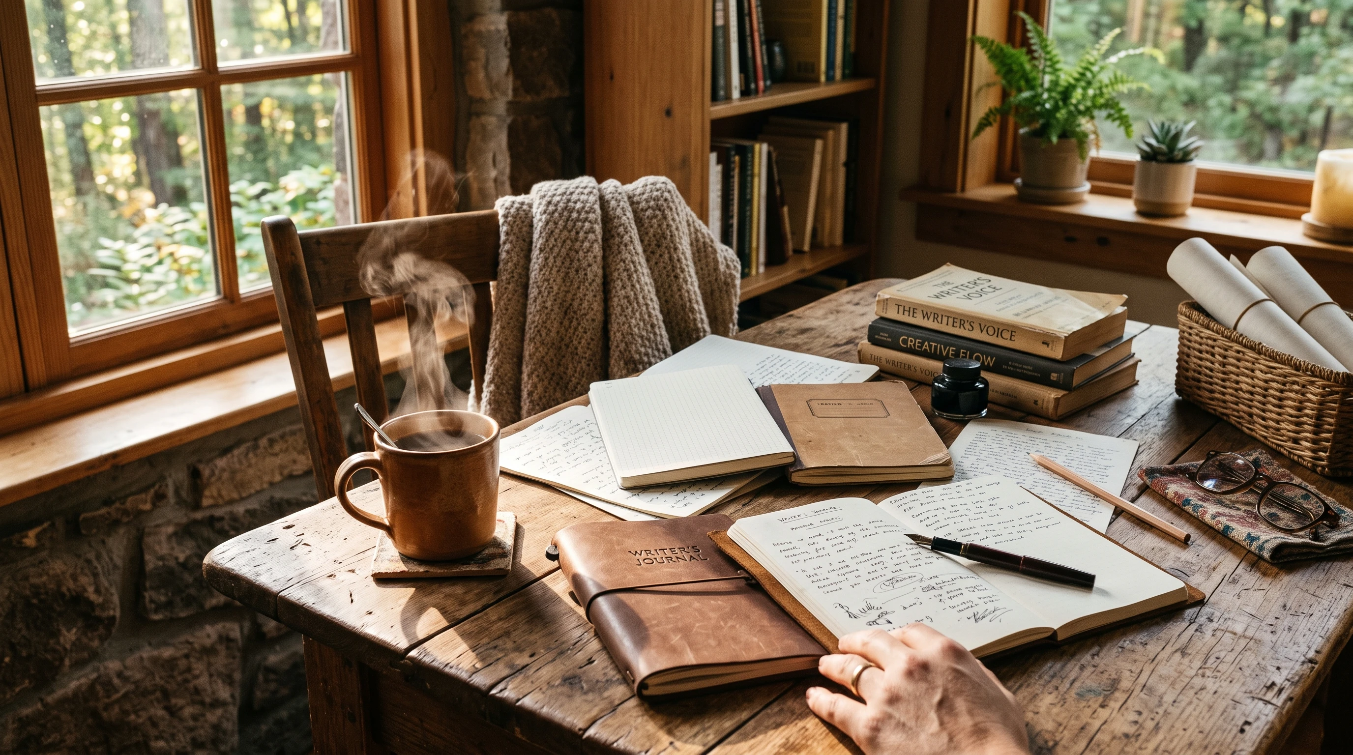 A cozy writer's retreat setting with a steaming mug, scattered notebooks, and sunlight filtering on rustic wood table, evoking focus and inspiration.