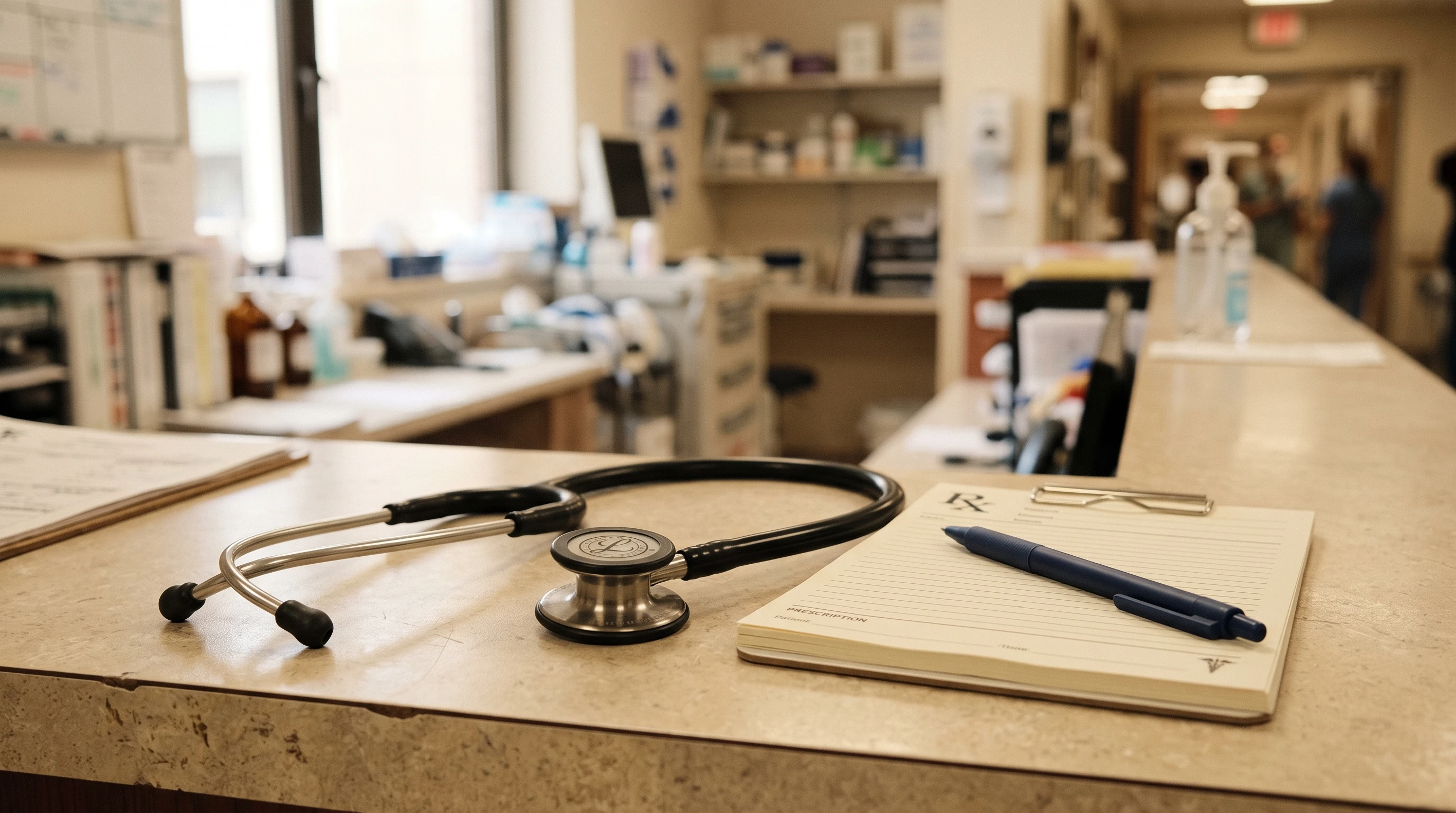 A close-up photo of a stethoscope, a doctor's prescription pad, and a pen on a hospital counter.