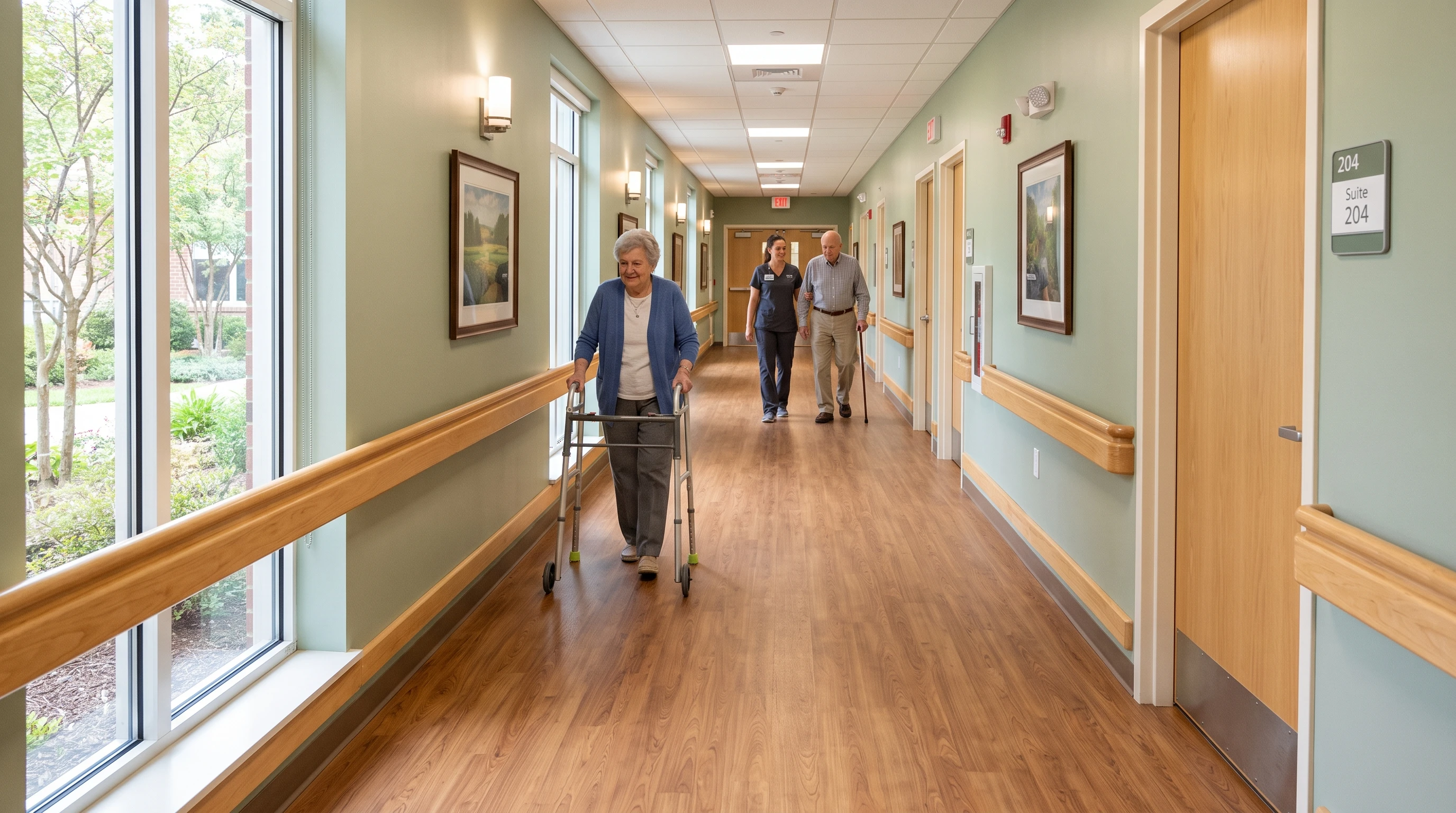 A serene, well-lit corridor in a nursing home with handrails and floors designed to prevent falls.