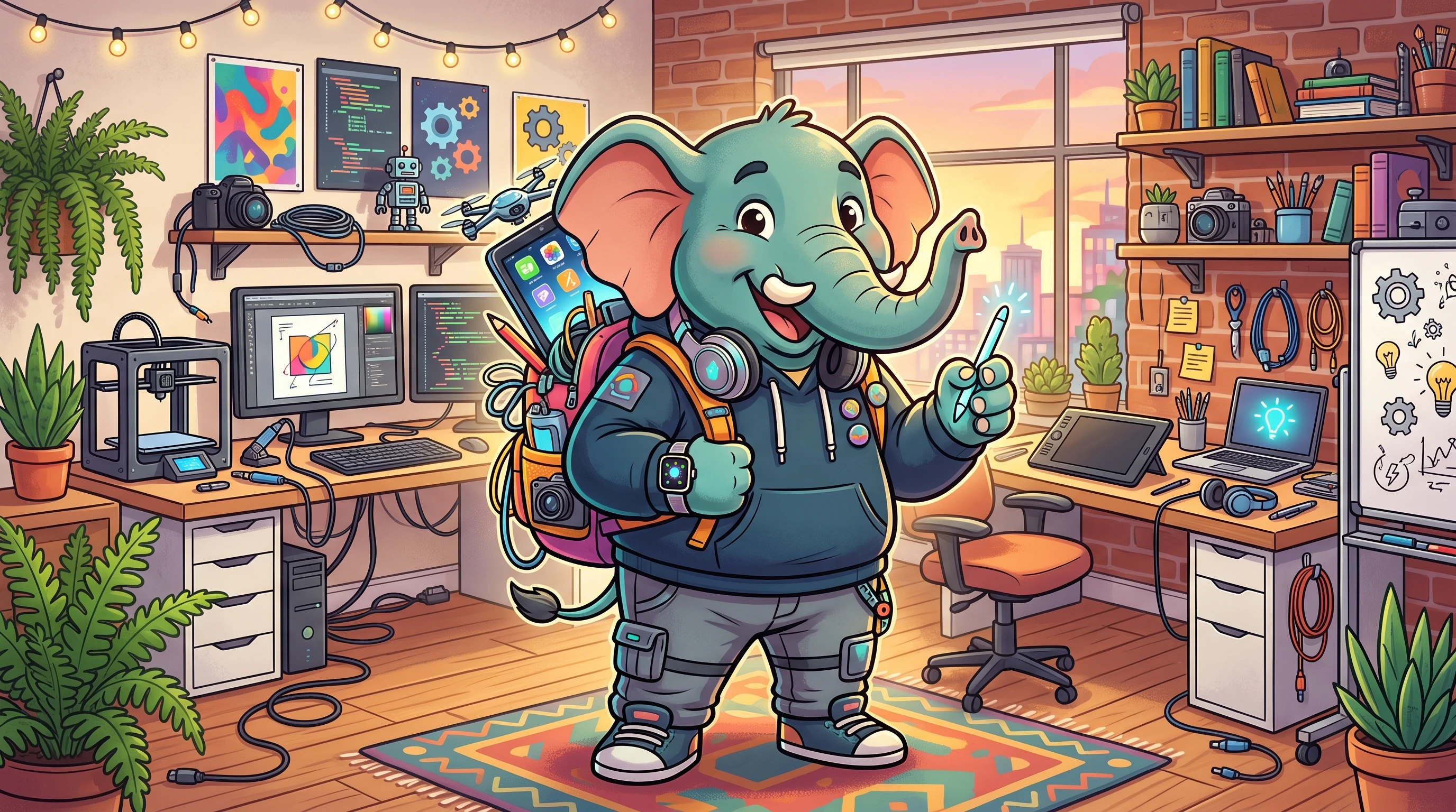 A cartoon-style elephant mascot, decked out in clever accessories, standing confidently in a techy, creative online workspace background.