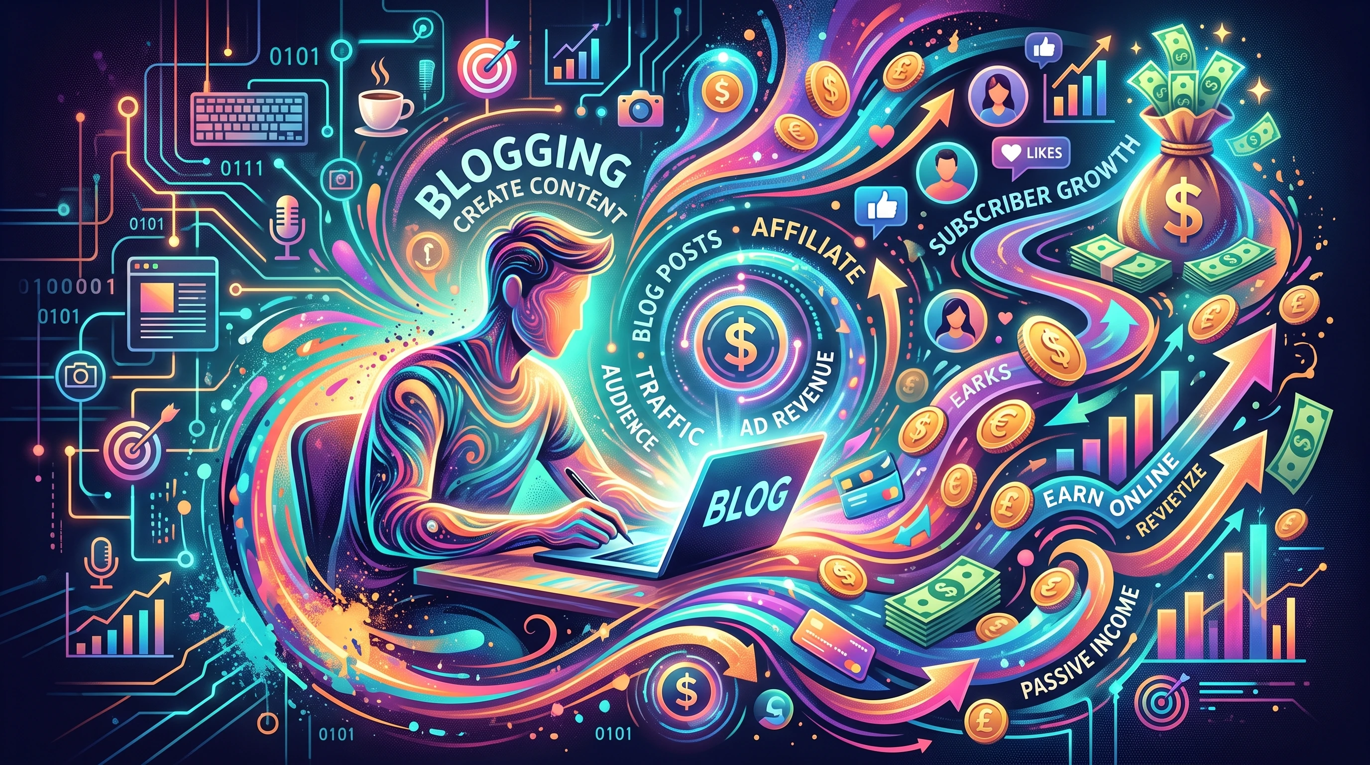 Abstract colorful AI generated digital illustration representing blogging and money-making online