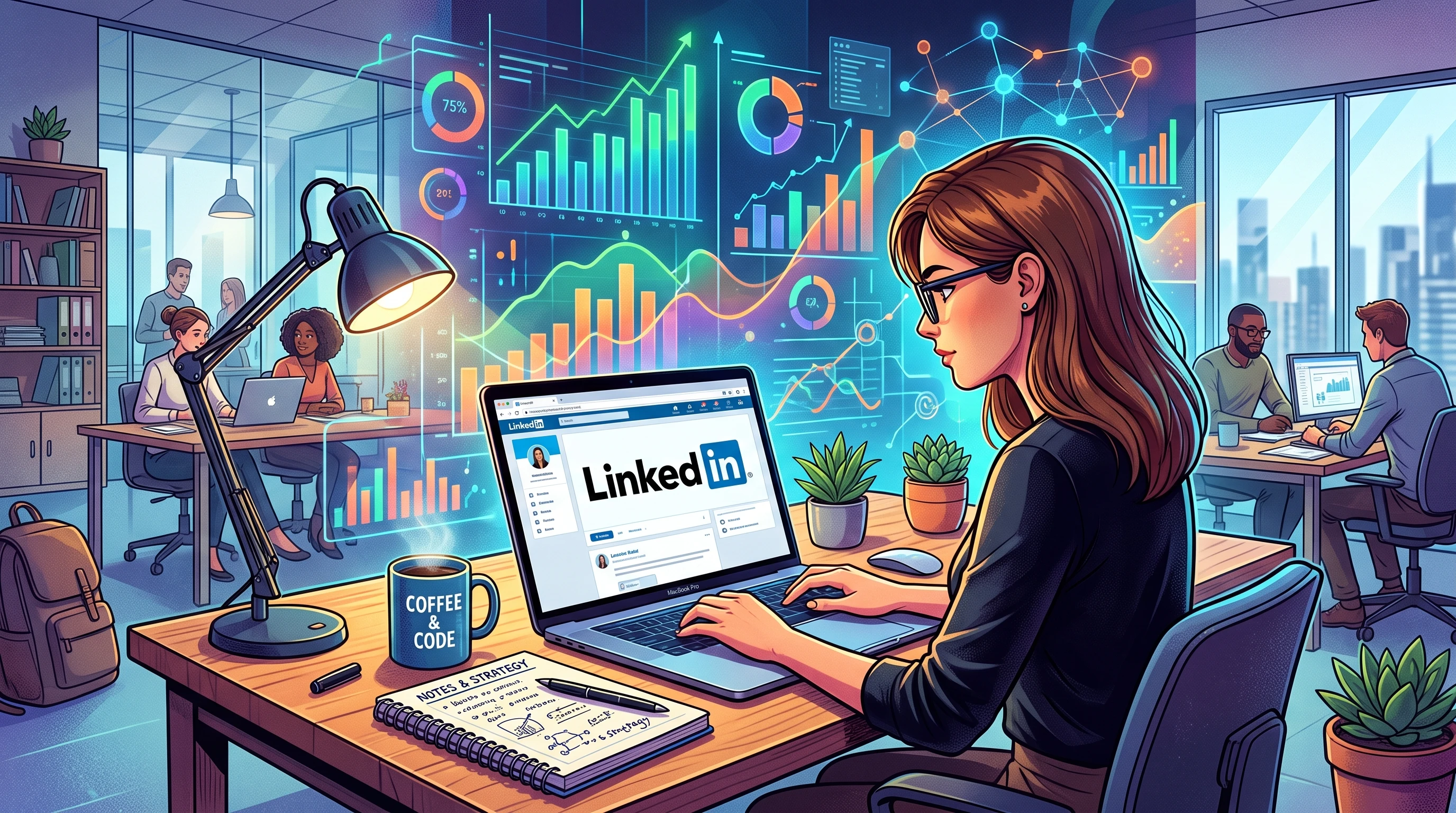 An illustrated depiction of a business office setup with a laptop, notebooks, coffee mug, LinkedIn logo on the screen, and abstract digital charts and graphs in the background.