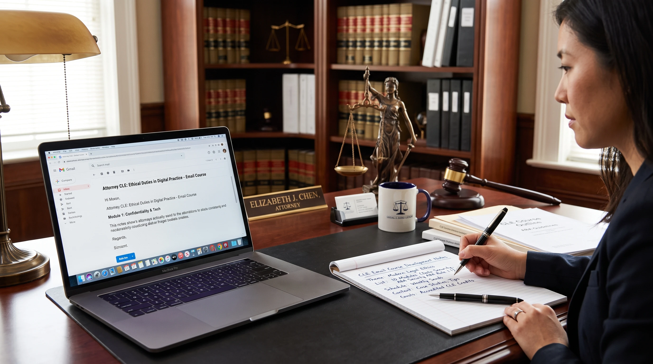 laptop and notepad with legal symbols, signifying developing an email course for attorneys continuing education