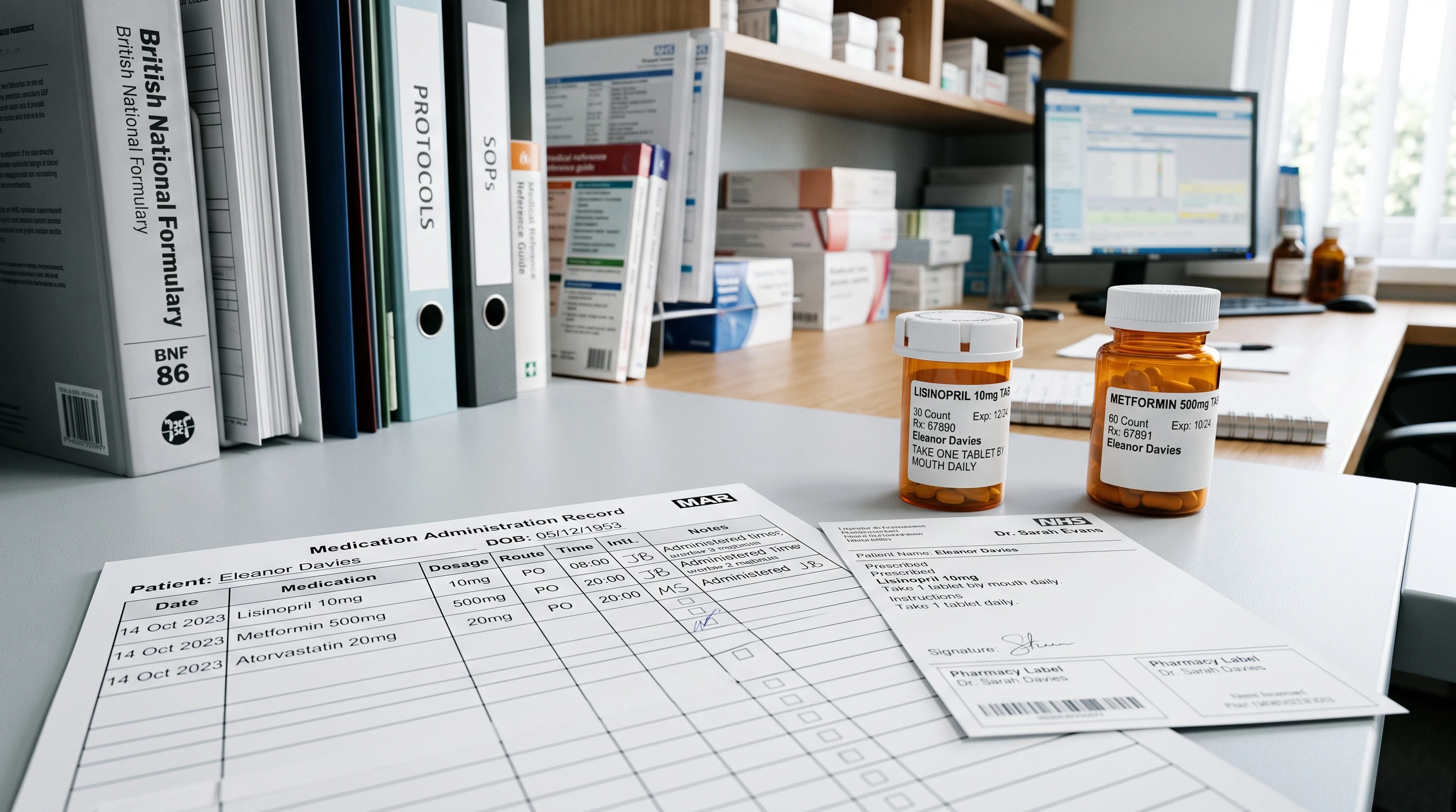 A detailed medication administration record, prescription chart, and pill bottles on a clean pharmacy desk