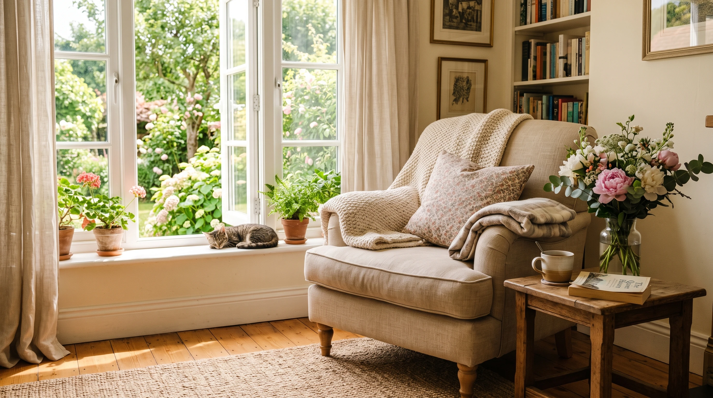 A peaceful sunlit room with a cozy armchair, a side table with fresh flowers, and an open window letting in gentle natural light. There are soft blankets and a sense of warmth and safety.