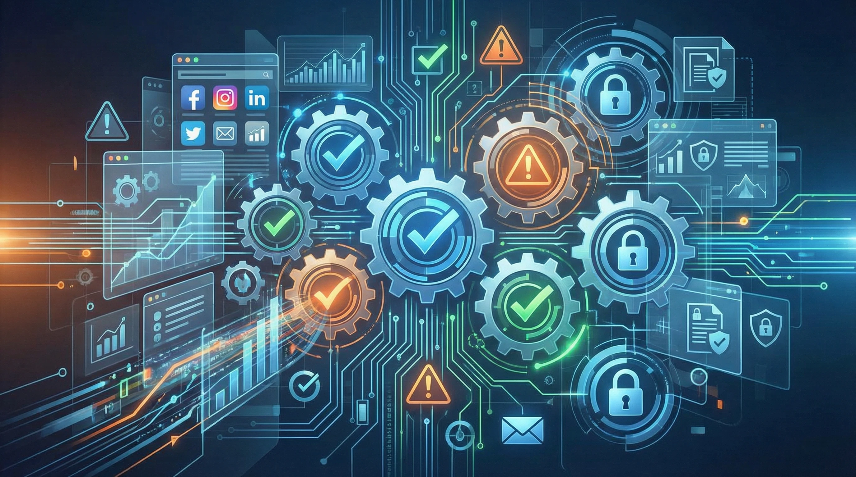 Abstract illustration showing digital marketing and compliance icons including gears, checkmarks, and warning signs.
