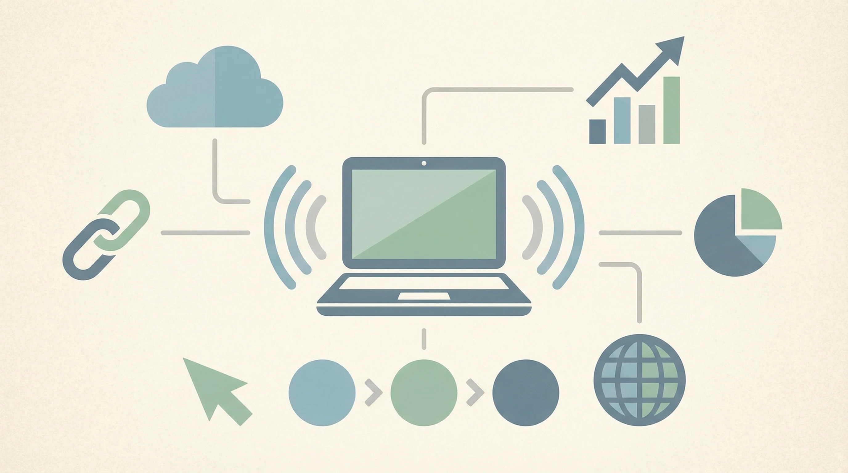 An illustrative image featuring digital marketing graphics, includes icons like a laptop, link, and chart arrows, with a soft neutral background meant to represent online business without humans or text.