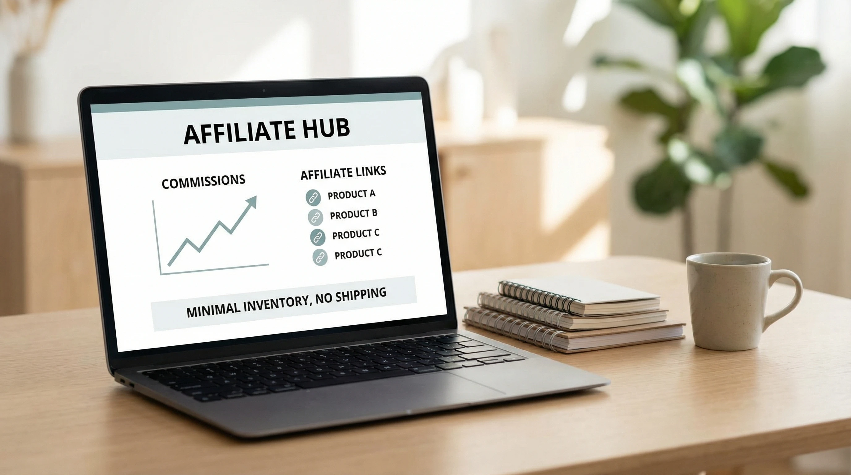 A digital workspace showing affiliate links, charts, and minimal product clutter, symbolizing the simplicity of affiliate marketing compared to dropshipping systems.