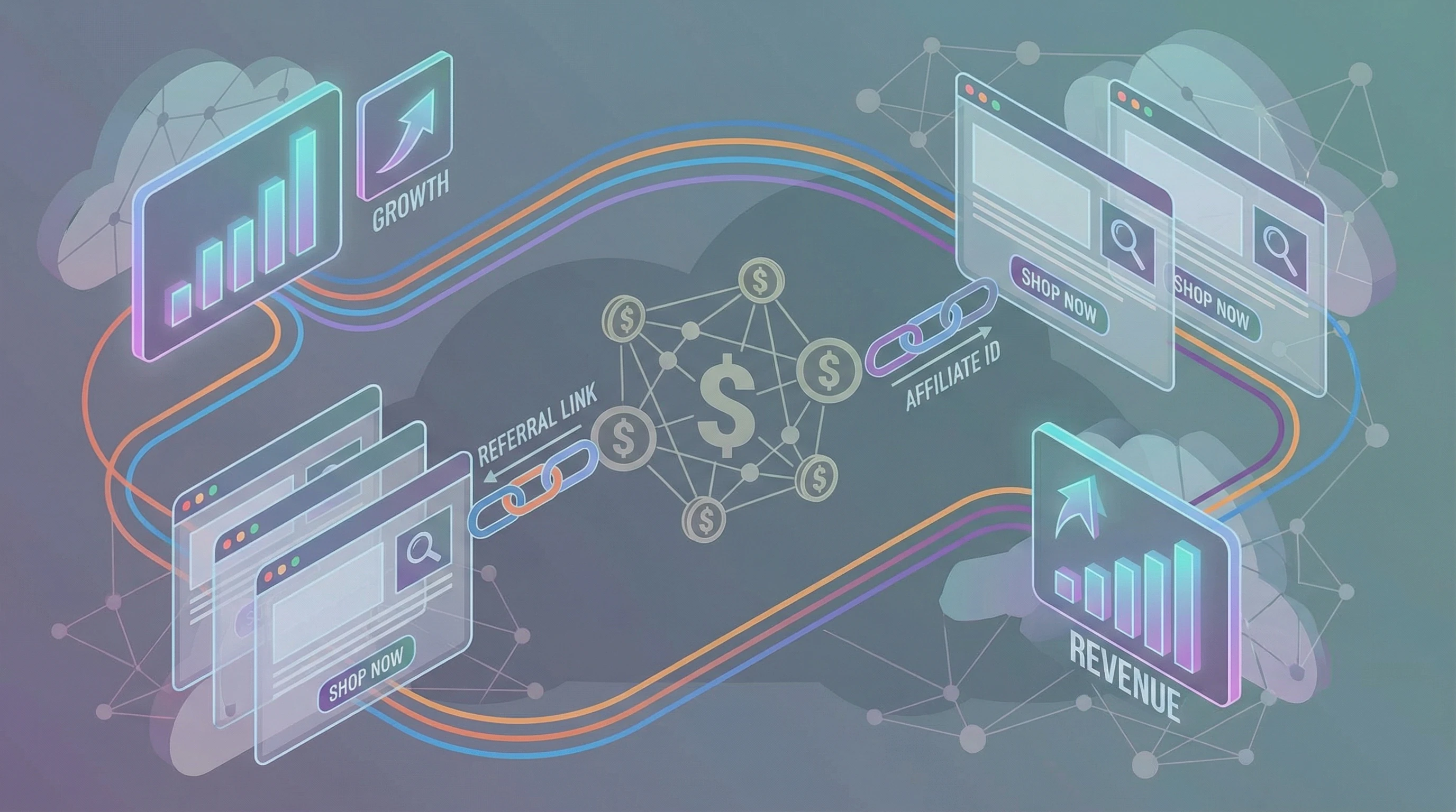 Abstract illustration of affiliate marketing with financial charts, websites, and referral links.