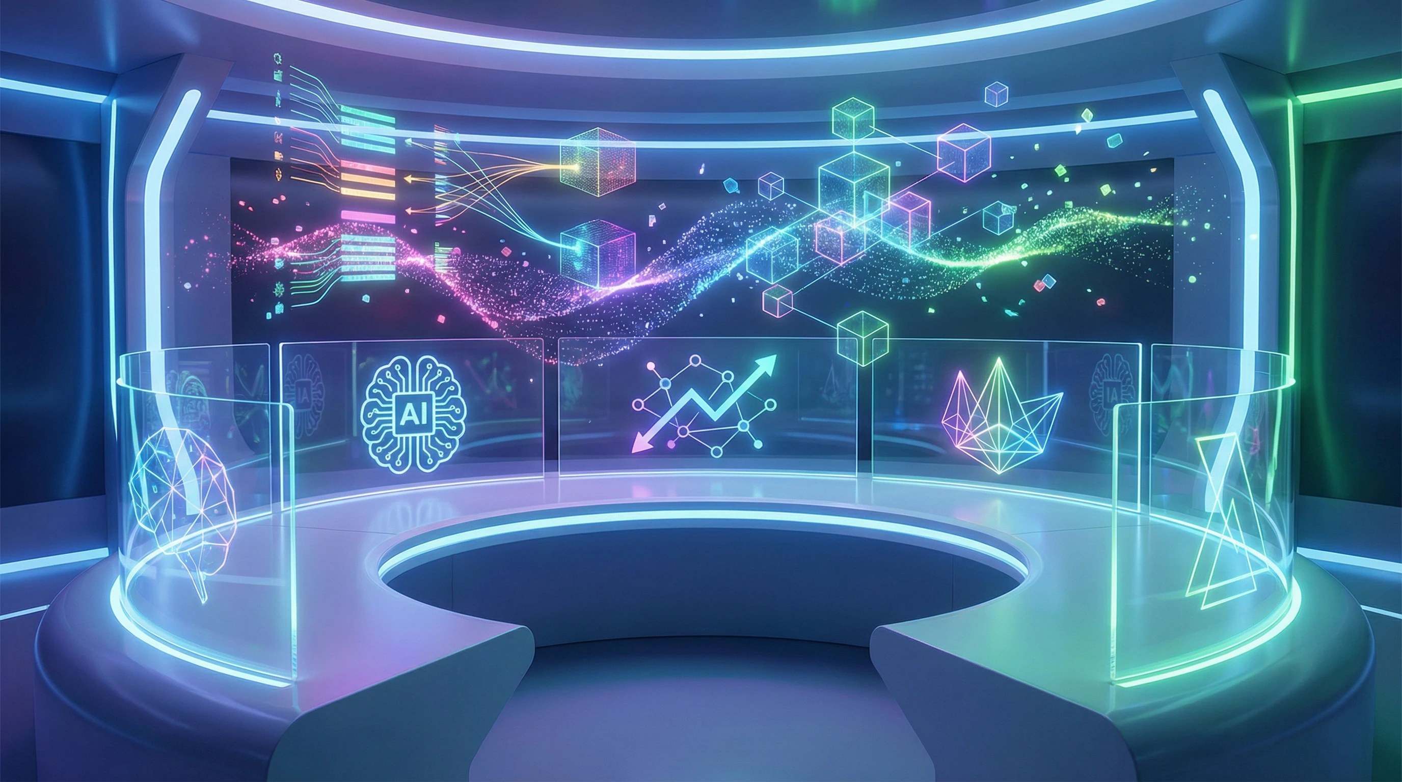 Futuristic abstract composition with AI icons, affiliate network symbols, and flowing creative digital elements.