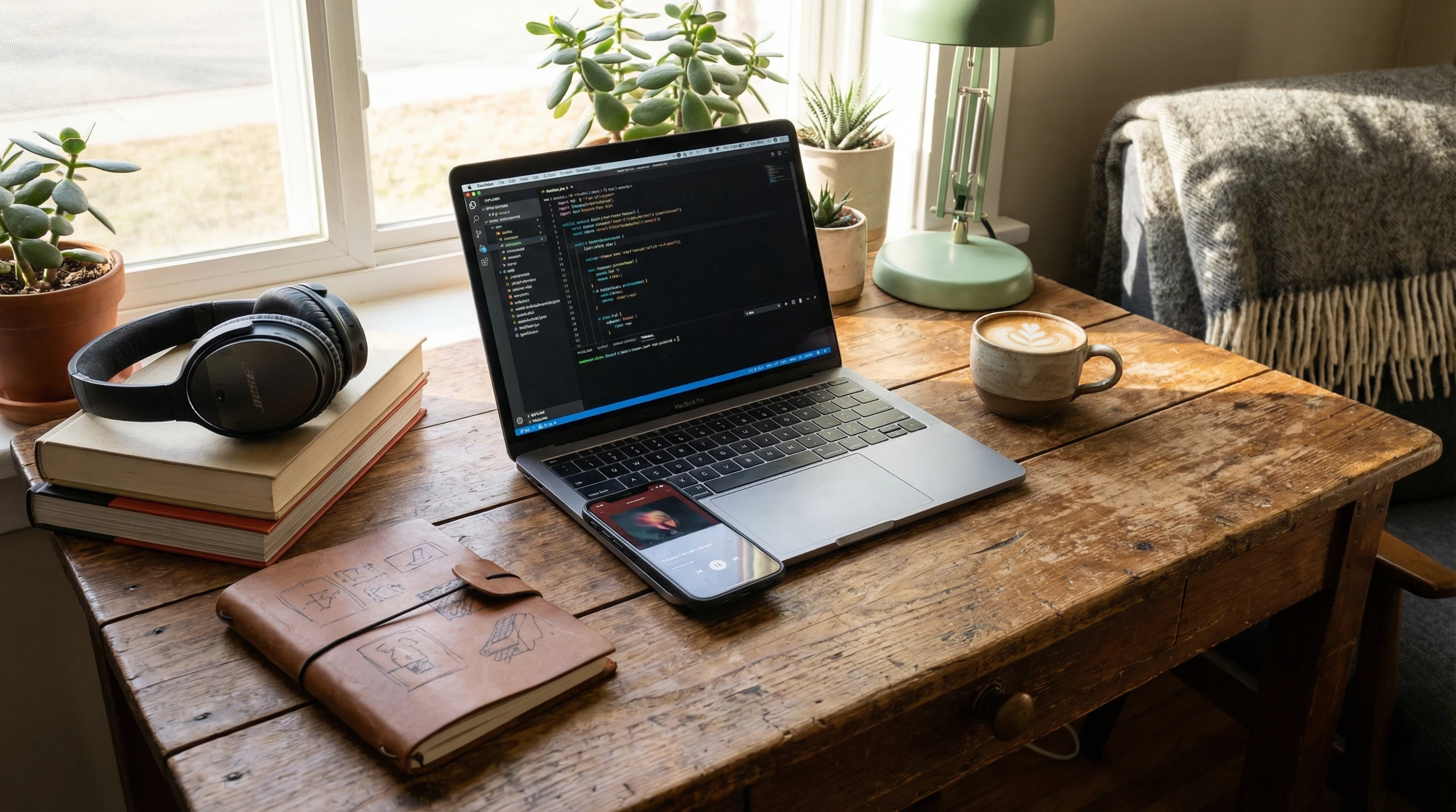 a laptop, a smartphone, headphones, a notebook, and a coffee mug on a cozy wooden desk