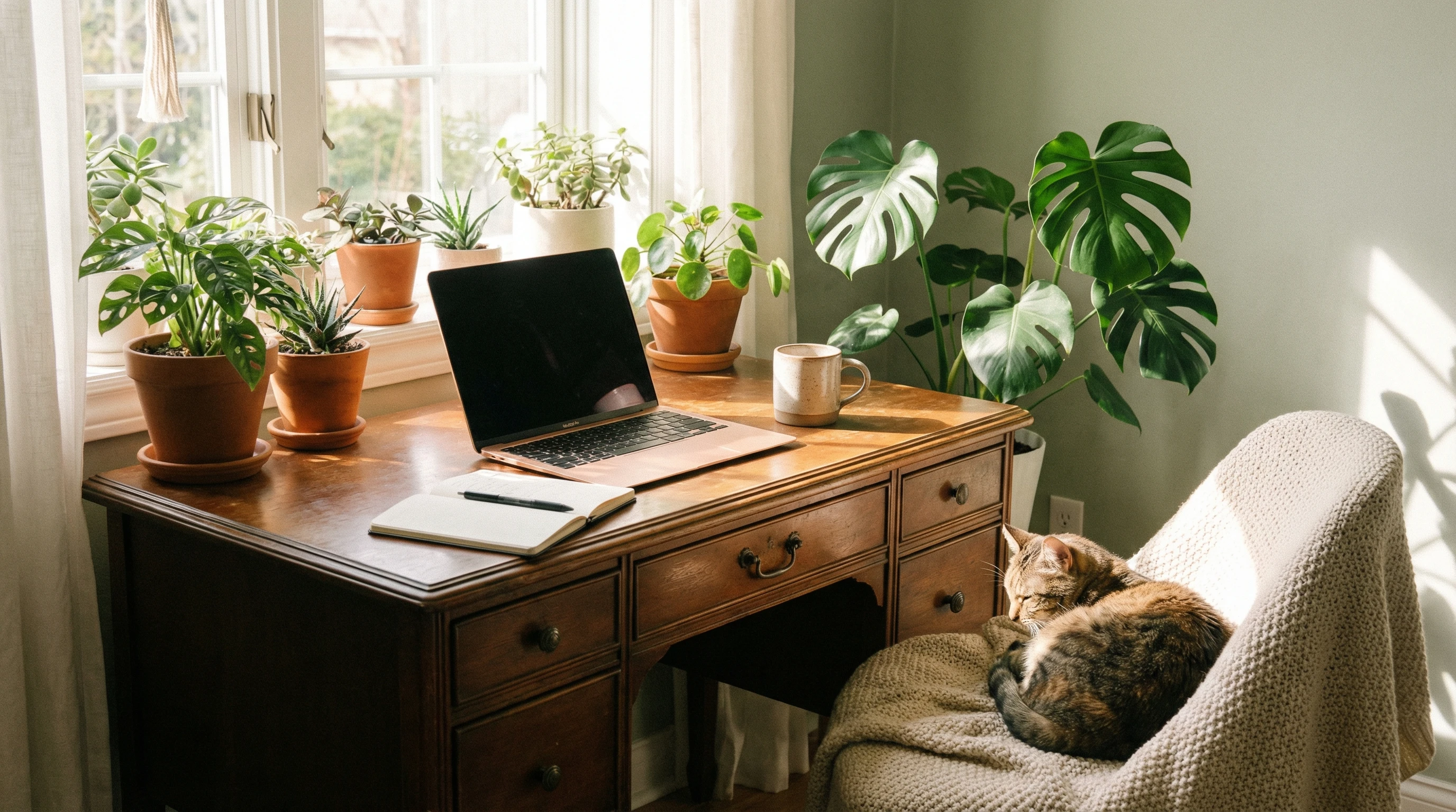 Illustration of a cozy home workspace with a laptop, coffee mug, notepad, and plant by a window on a sunny morning. There is a soft, inviting color palette, and the setting feels calm and productive.