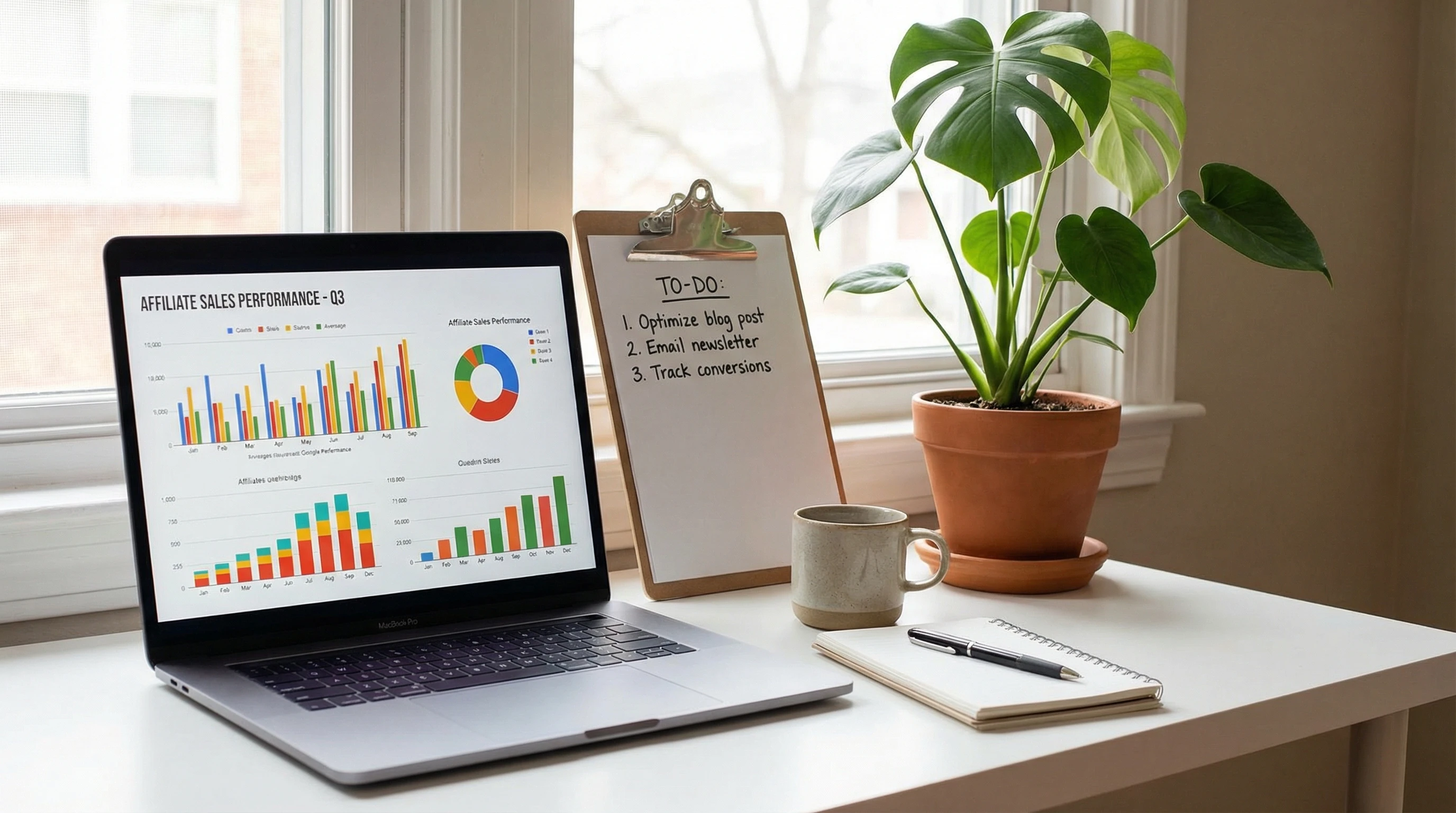 An organized workspace with a laptop displaying affiliate sales charts, a checklist, and a potted plant nearby. The mood is inviting and productive, reflecting efficiency and focus.