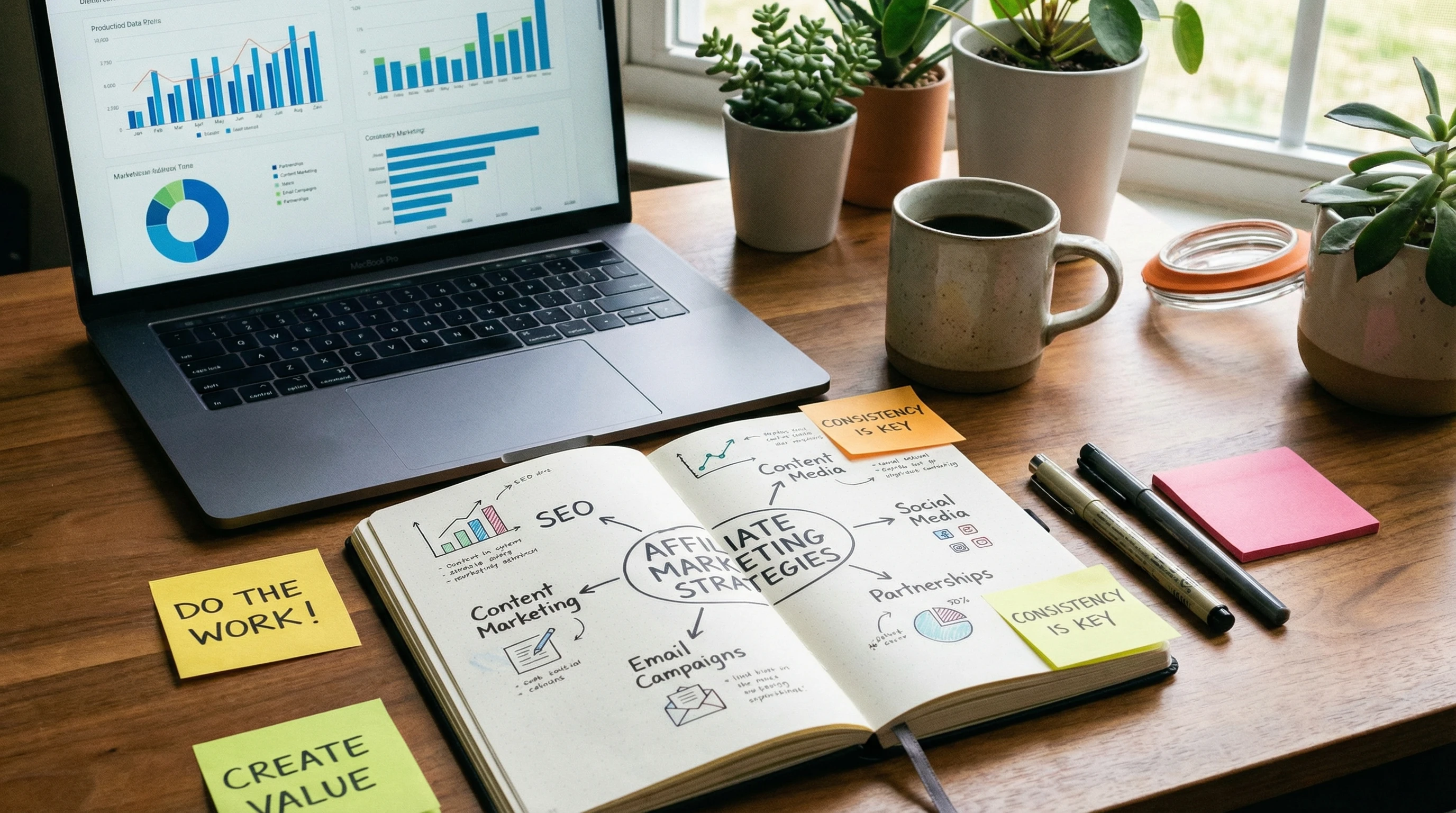 A notebook, coffee mug, and laptop on a desk with affiliate marketing charts