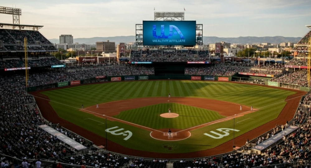 Wealthy Affiliate branding at a baseball stadium