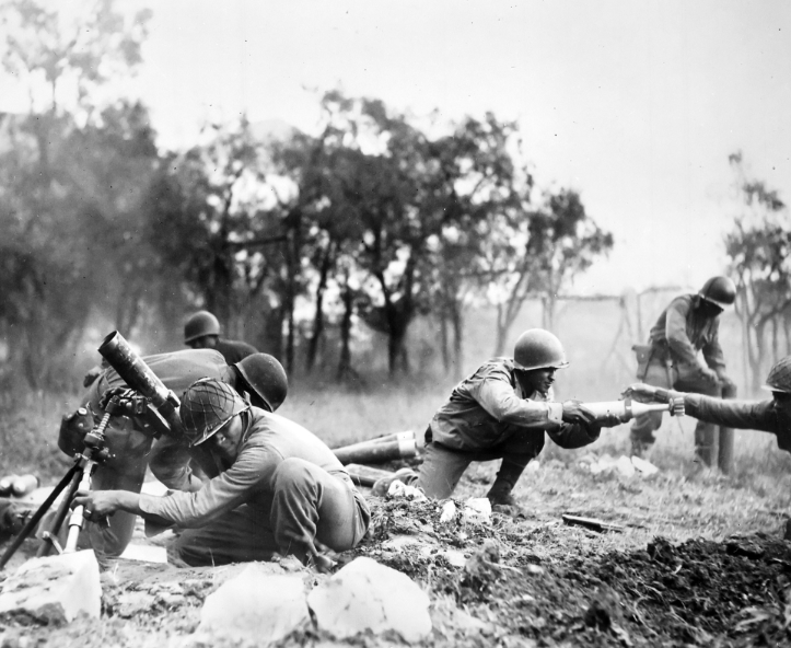 Buffalo Soldiers of the 92nd ID in mortar gun battle in Massa, Italy 1944