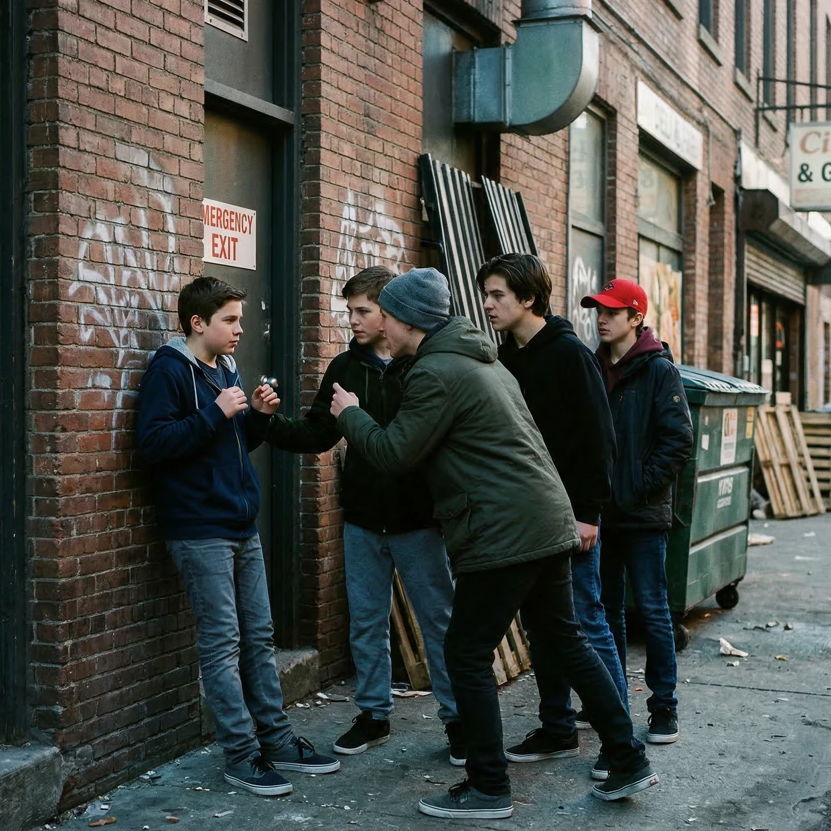 A teenage boy in an alleyway by some stores being attacked by some older boys (being bullied)