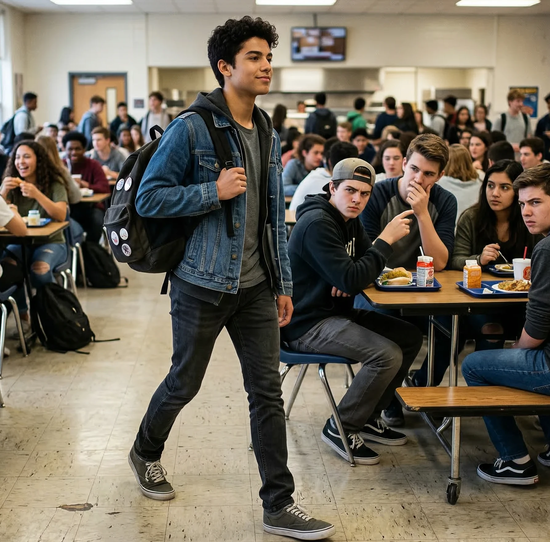 A 17 year old student walking through a cafeteria in school where there are a group of bullies looking at him but he exudes self confidence