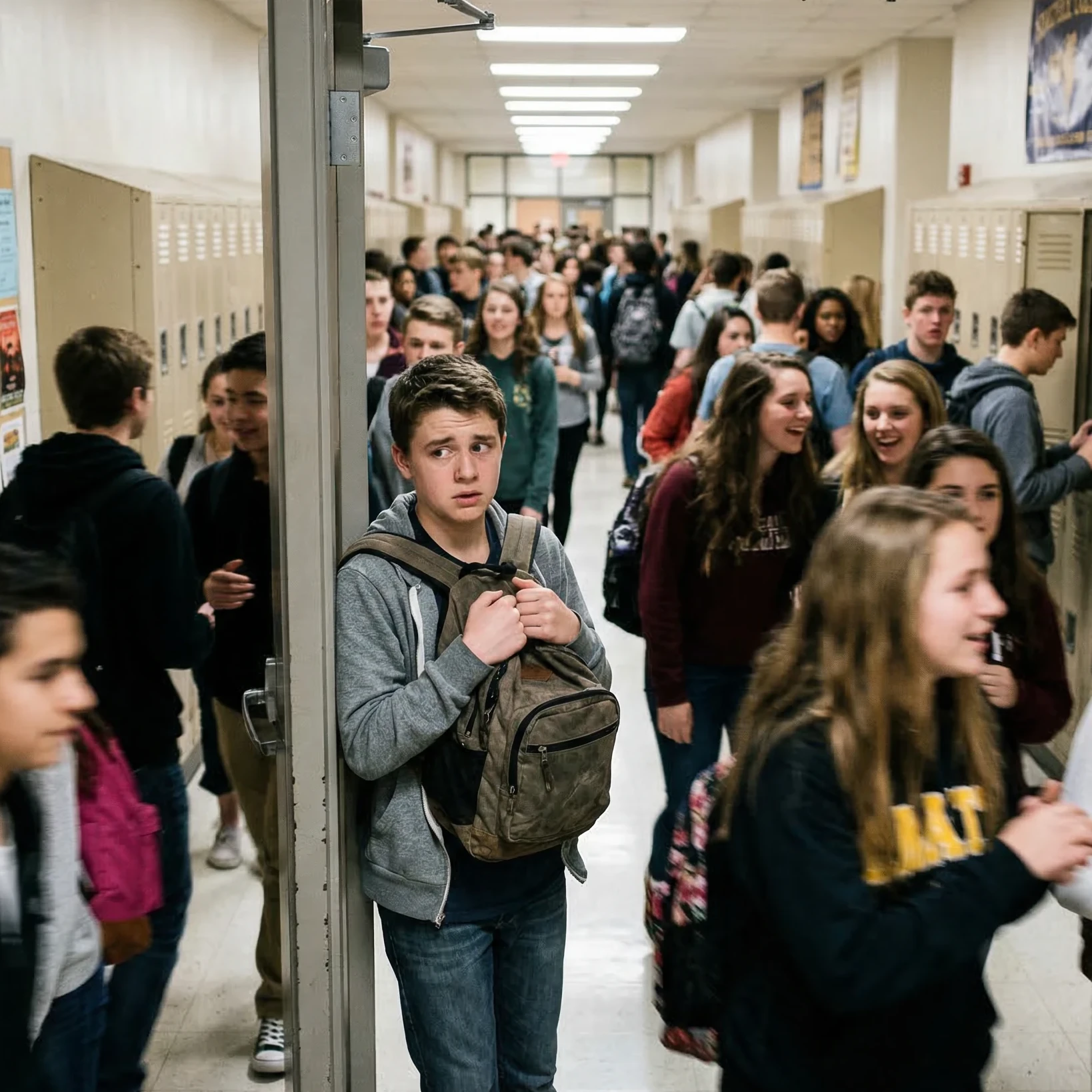 A 14 year old student looking at a crowded school hallway with fear of being bullied clearly seen on his face