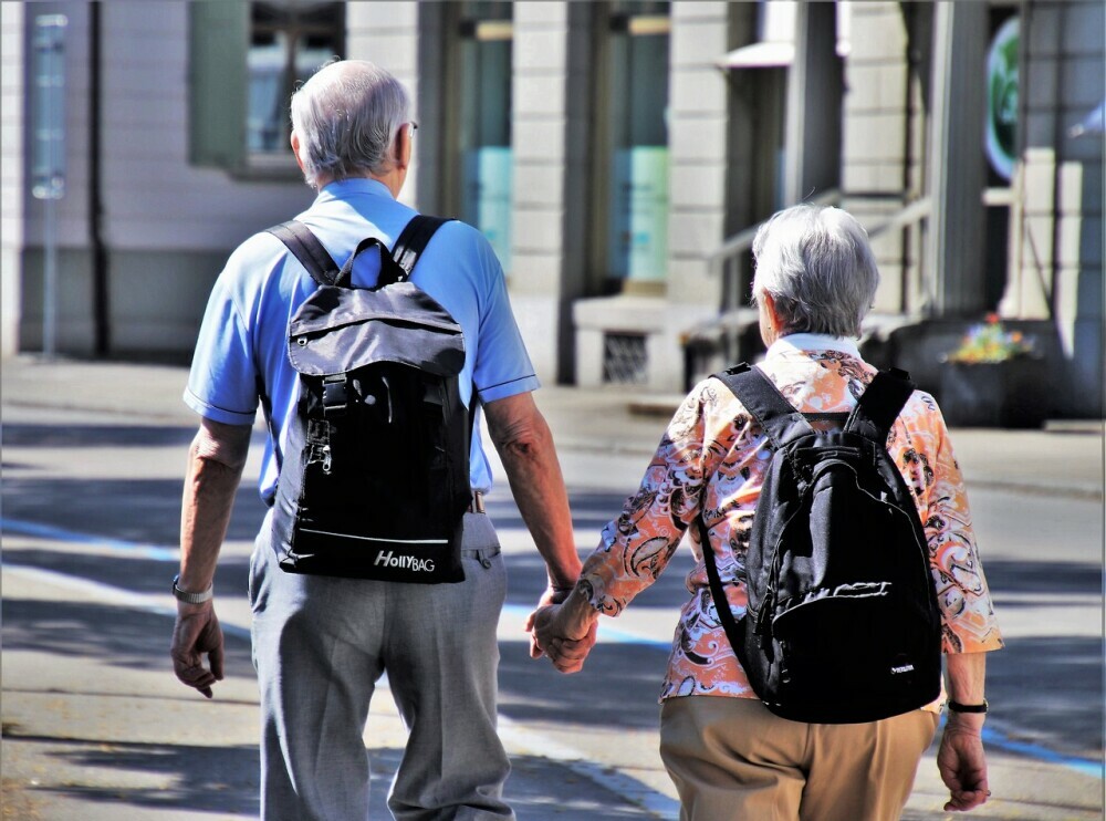 healthy senior couple out for a walk