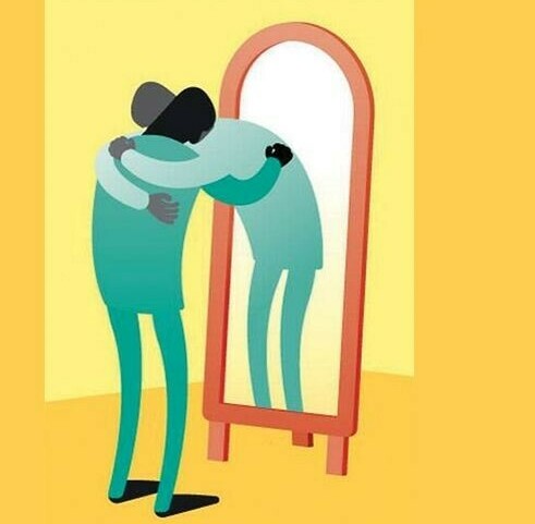 a person and his reflection in a mirror hugging one another: an illustration of self compassion